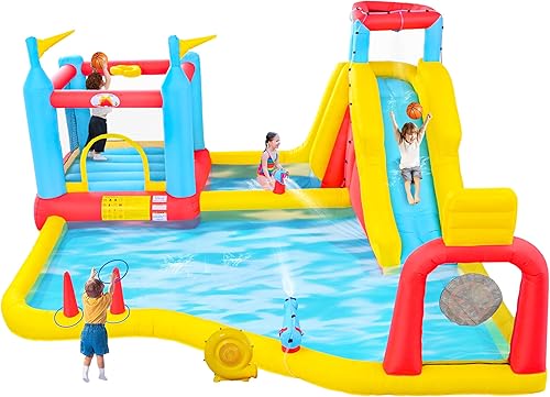 Miniatura 8 de Casa inflable de rebote con soplador, castillo animoso con pared de escalada, aros de baloncesto dobles, diana, lanzamiento de anillos