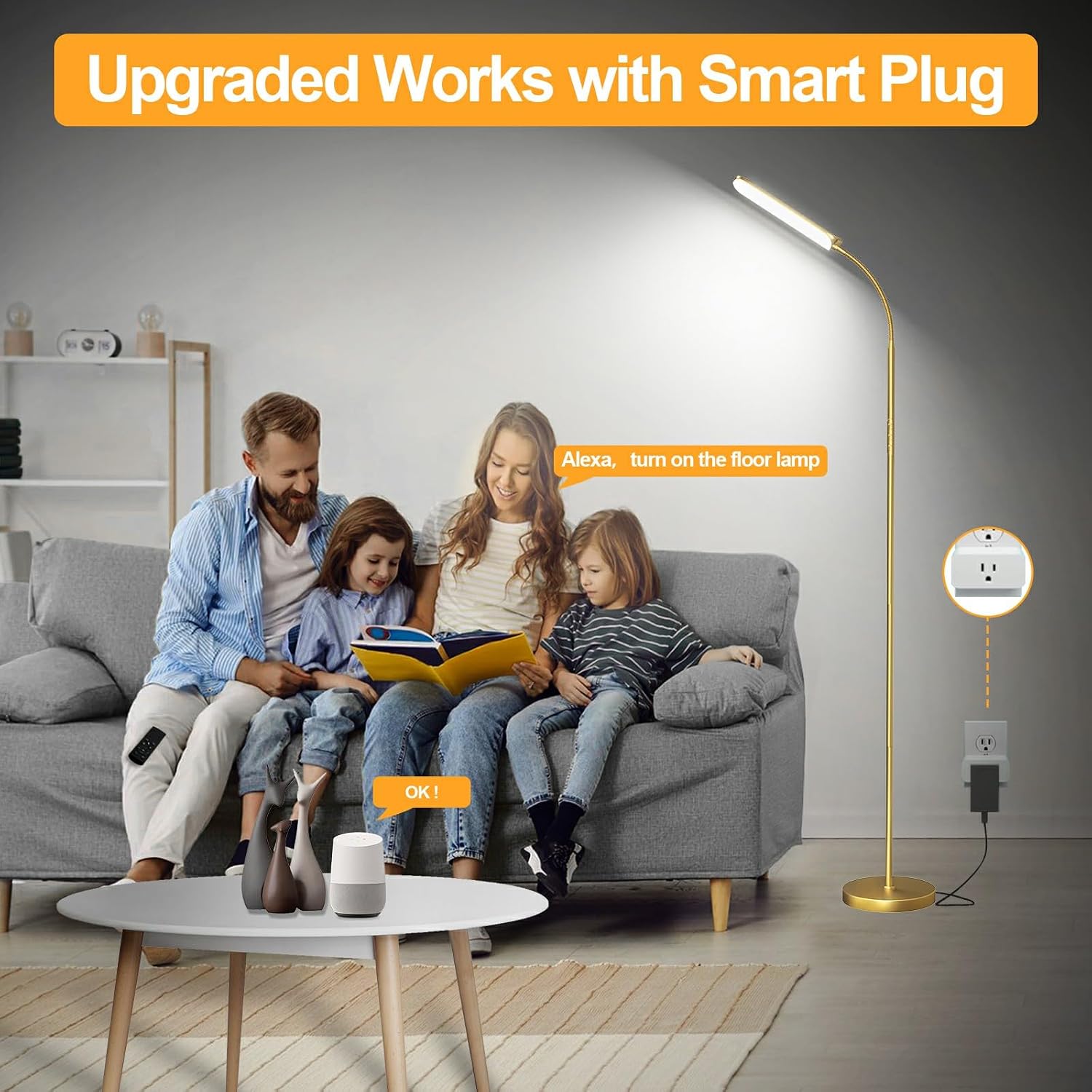 Marctronic Gold LED Floor Lamp working with a smart plug and voice control