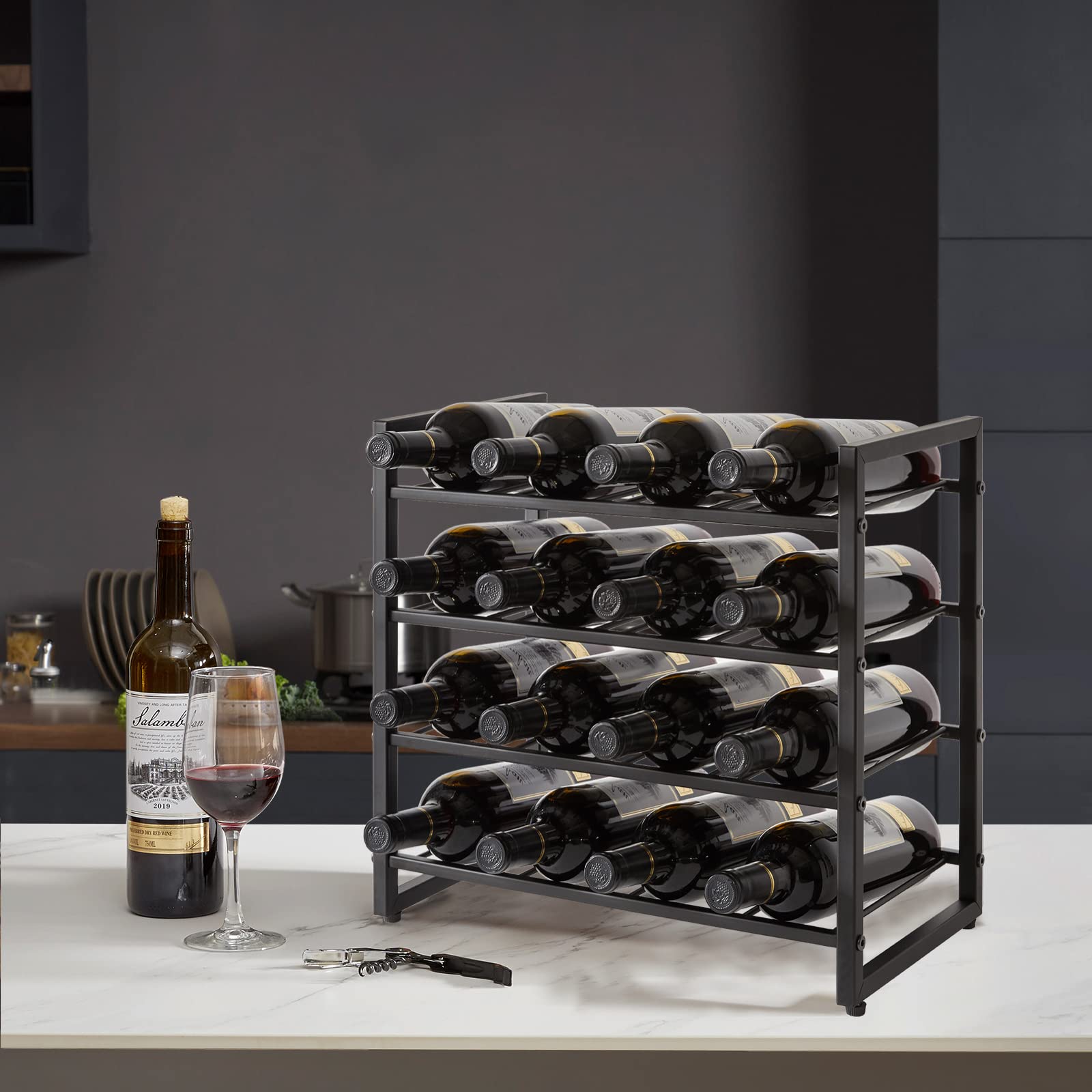 IBUYKE Weinregal Metall, Weinregal Freistehend Lagerung,4 Ebenen 16 Flaschenregal, Für Bartheke, Restaurant, Küche, Tischregal Weinhalter,Schwarz TMJ903H