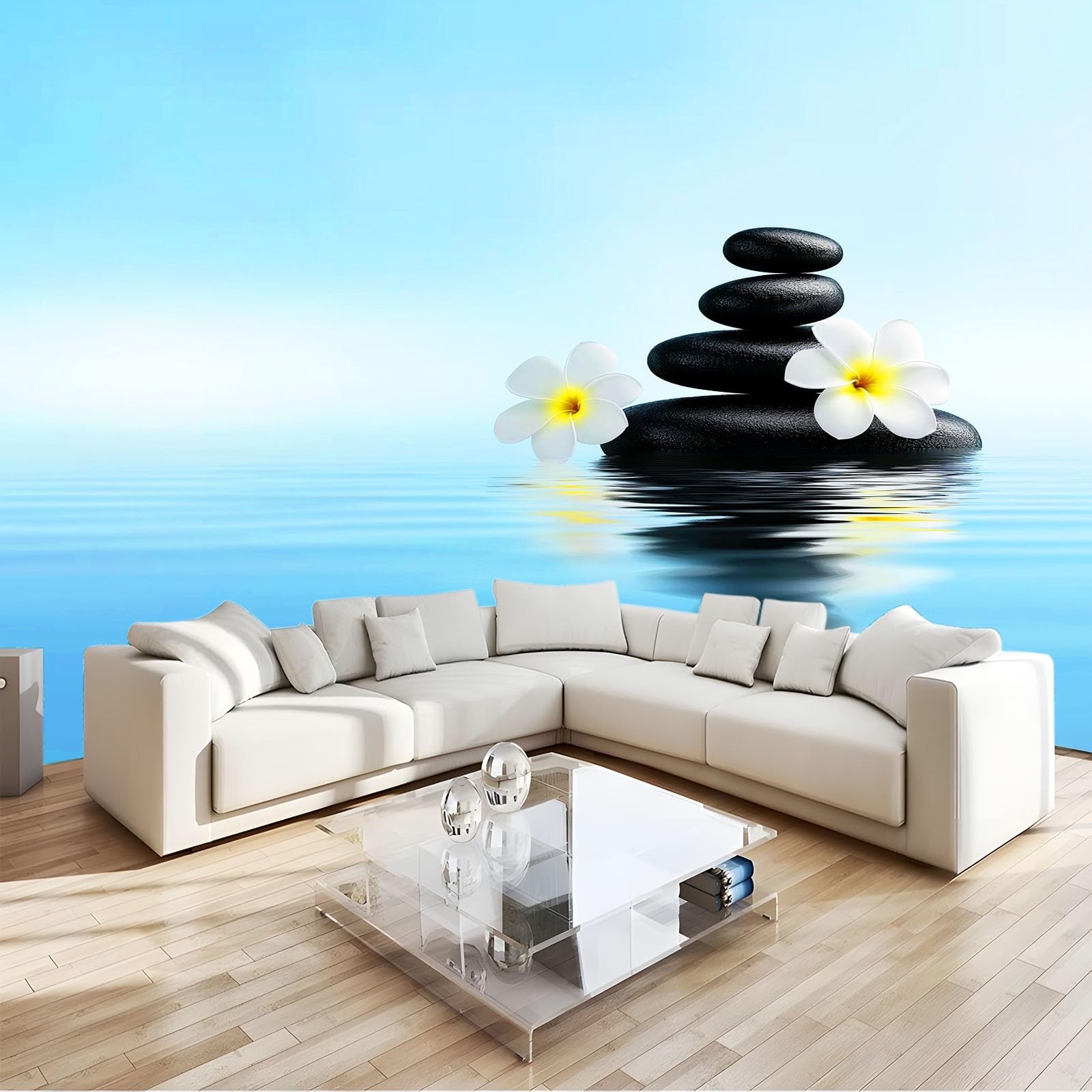 Fototapeta Zen Frangipani - estetyka, kamień, natura, 200 x 140 cm, tapeta z włókniny, tapeta ścienna, odporna na promieniowanie UV, neutralna zapachowo, niebieska