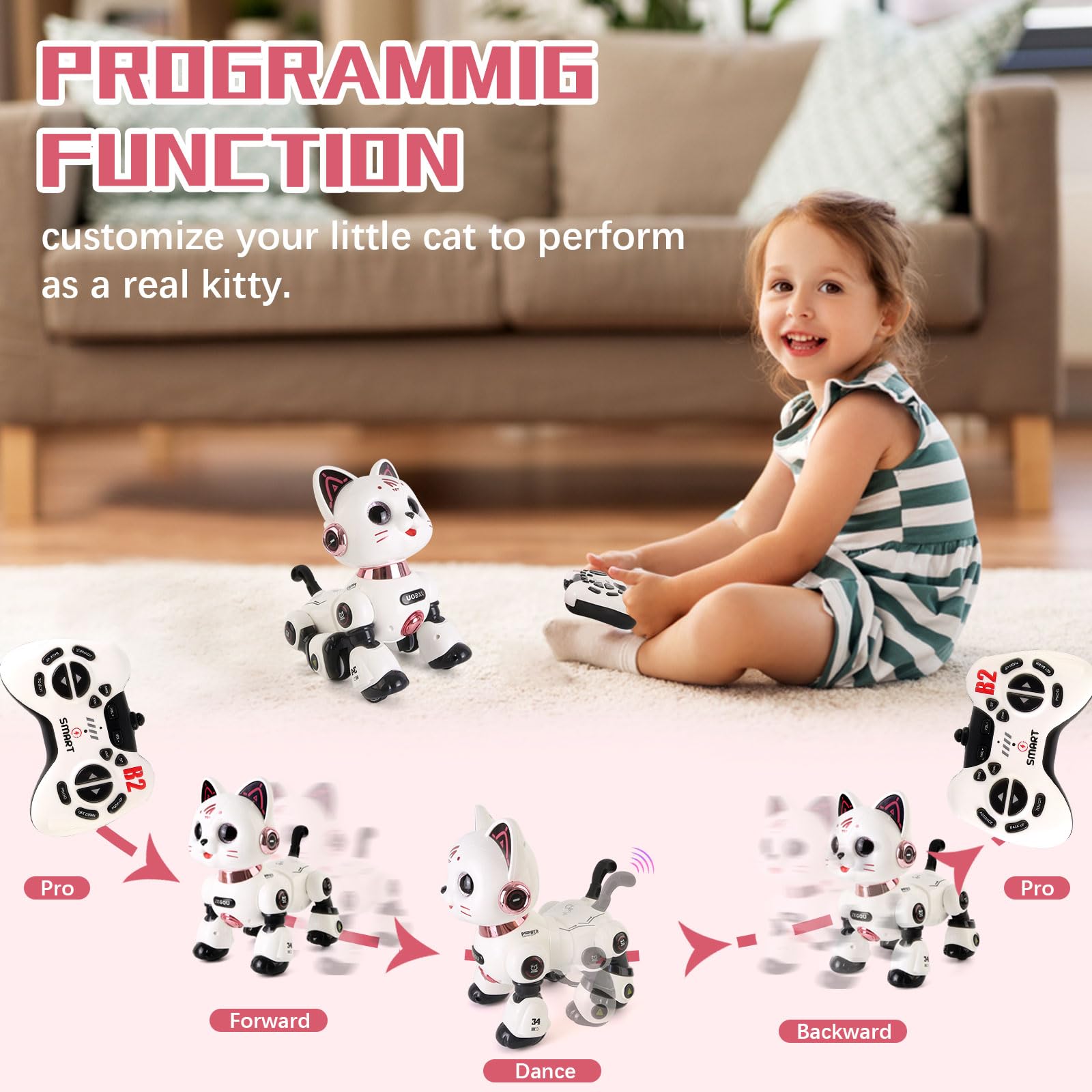 Ferngesteuerter Roboter Haustier Spielzeug,Interaktives Intelligentes Roboter Katze Kinder mit Licht und Sound,Programmierbares RC-Spielzeug Geschenke für Kinder ab 8 Jahren