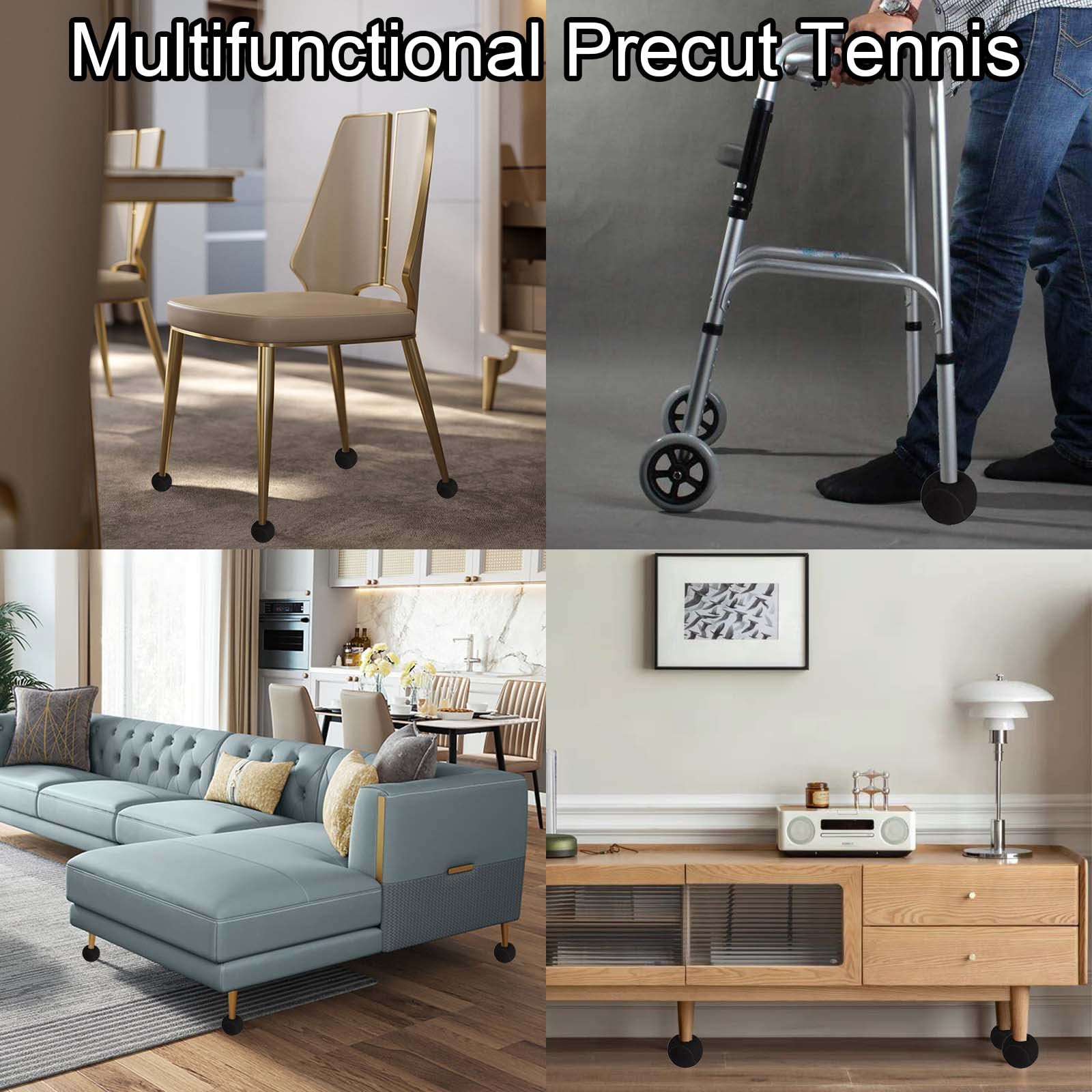 4 bolas de tenis precortadas para patas de muebles, almohadillas de fieltro resistentes y duraderas para protección del suelo (Negro)