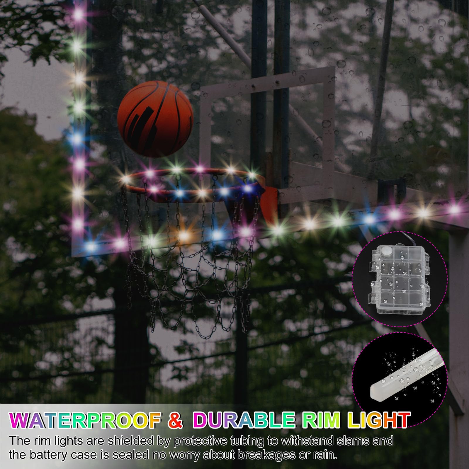 Patikil LED Basketball Hoop Light Set - Rim & Backboard Light, Remote Control, Glow in The Dark Nightlight - Image 3