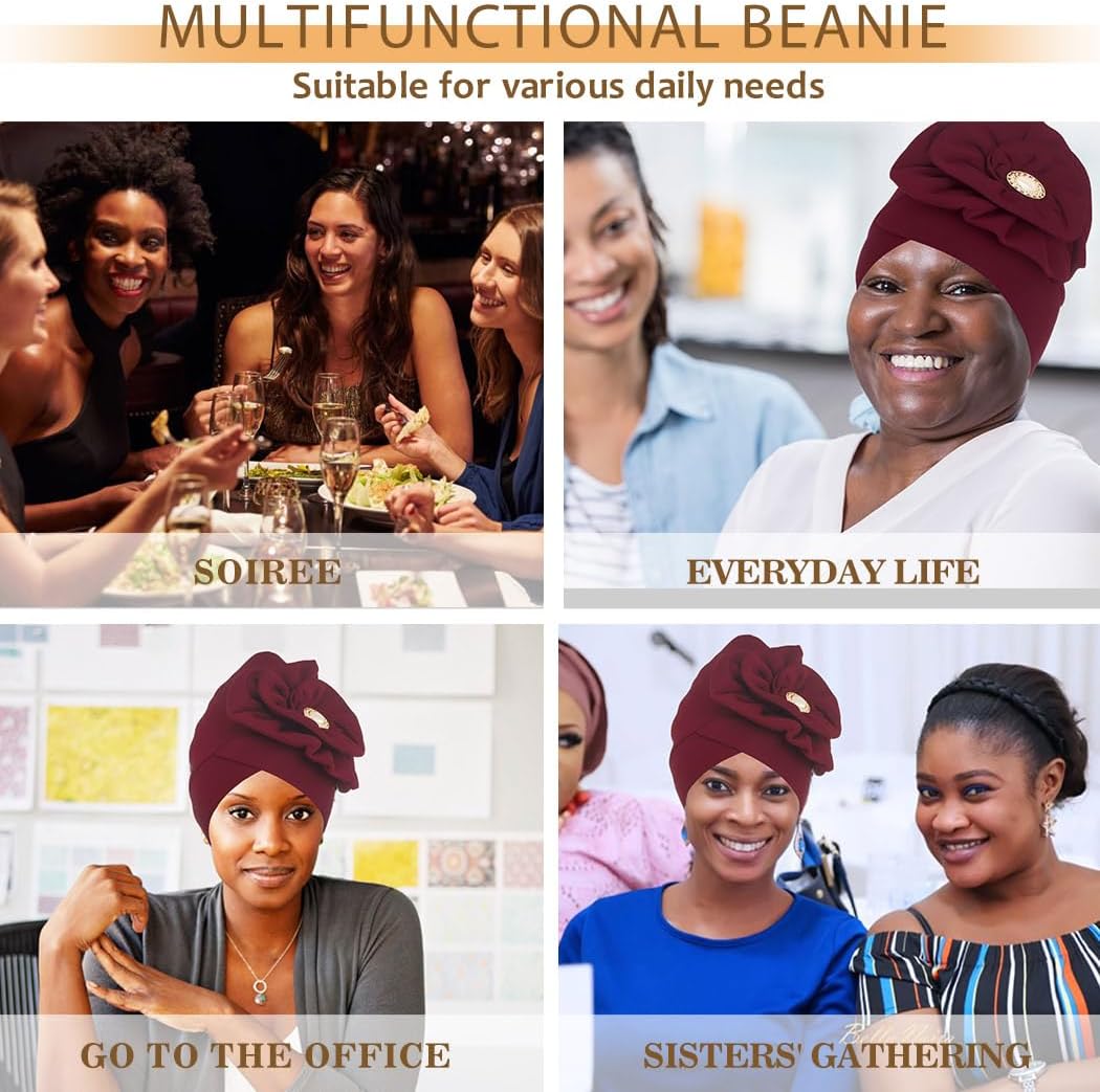 Bohend African Big Flower Rhinestone Turban Cap Muslim Pre Tied Beanie Headwrap Bonnet Stretch Pleated Women Headscarf Hat - Image 5