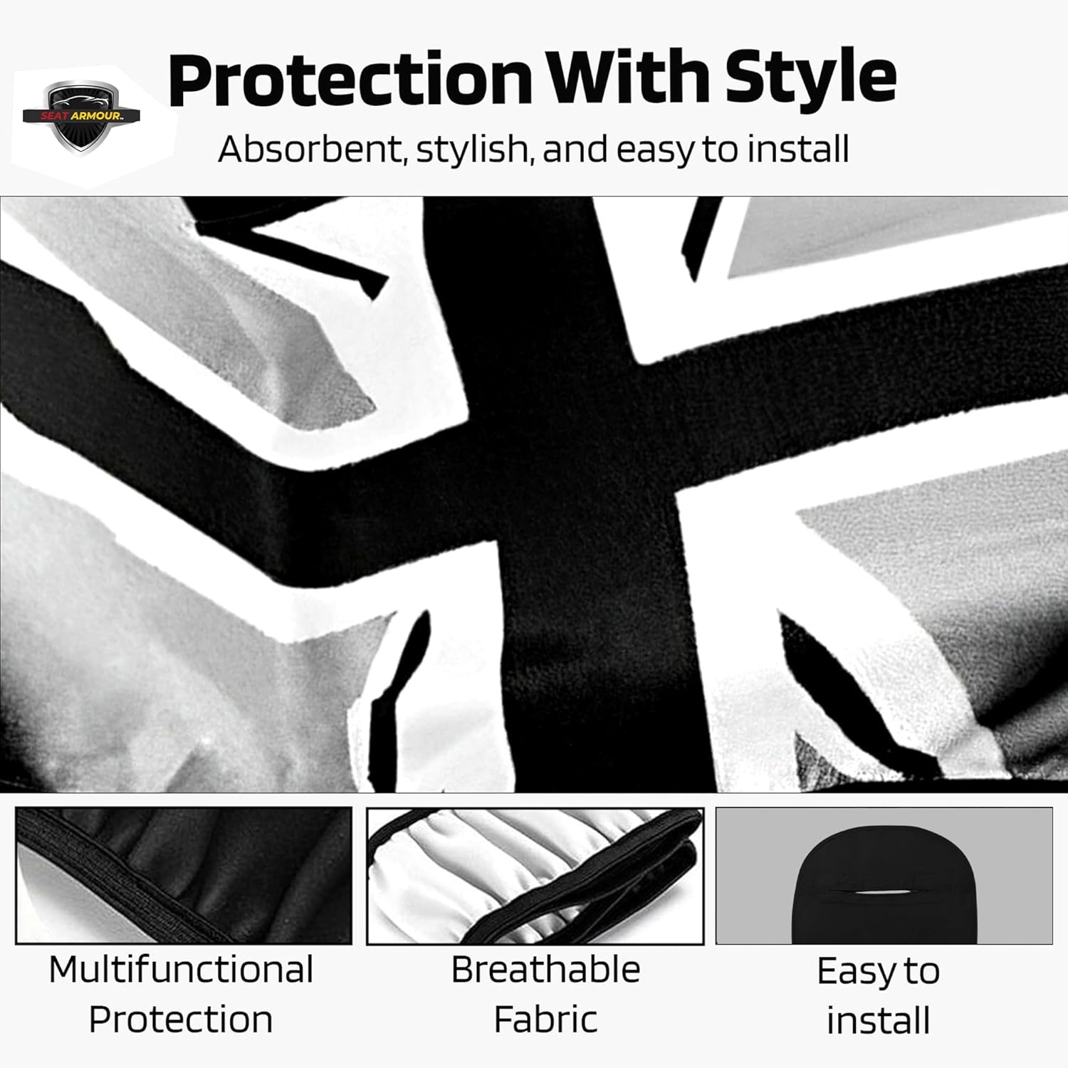 Seat Armour Seat Protector Towel – Black/Gray British Flag Design – Soft Machine Washable Car Seat Cover Towel – Easy to Install, Multipurpose Car Seat Towel