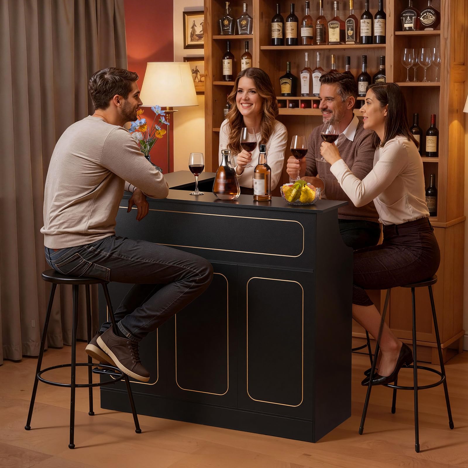 VEVOR Bancone da Bar per Salotto, Mobile Tavolo da Bar a Forma di L con 4 Ripiani Portaoggetti, Carico max 136 kg, Mobiletto Angolare per Casa Cucina Soggiorno Cantina Bancone da Interno, Nero
