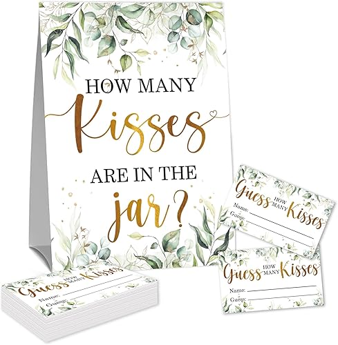 Guess How Many Kisses - Juego de tarjetas de sorteo para despedida de soltera (1 letrero de pie y 50 tarjetas de adivinanzas), tarjetas de juego de