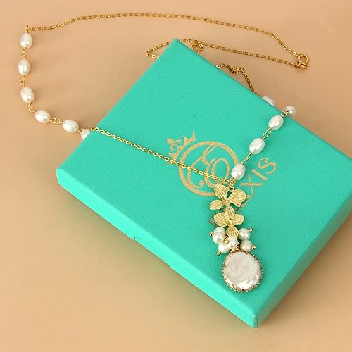 Miniatura 9 de ELEXIS Juego de aretes de perlas barrocas grandes de oro de 18 quilates para mujer, aretes colgantes hechos a mano de moda para boda, perlas blancas