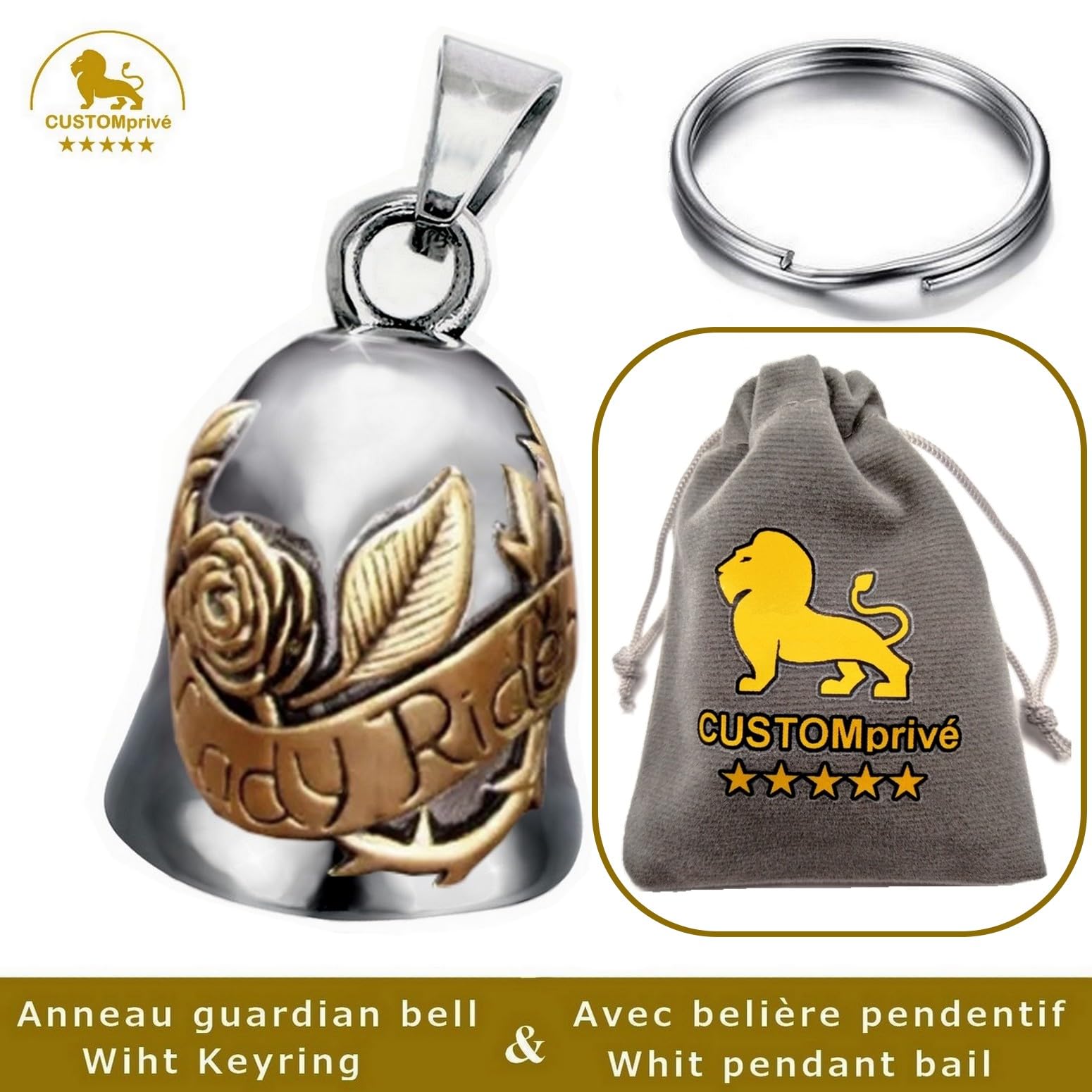 CUSTOMprivé Campanella Moto Donna Lady Rider con Rosa Portafortuna per Motociclista Biker Triker, Finitura Cromo e Dorato, Amuleto campana guardian bell gremlin