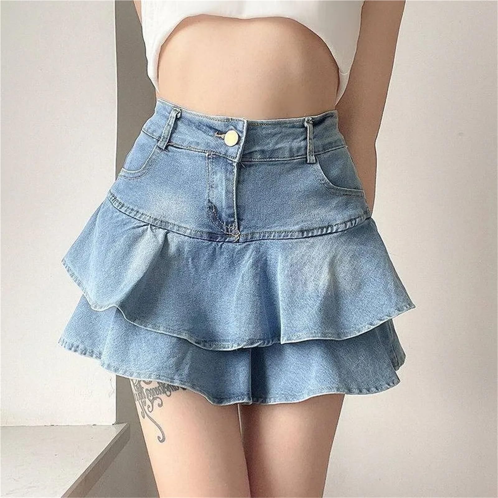 Pantaloncini con gonna in denim vintage Mini jeans da donna estivi a vita alta lavati a trapezio