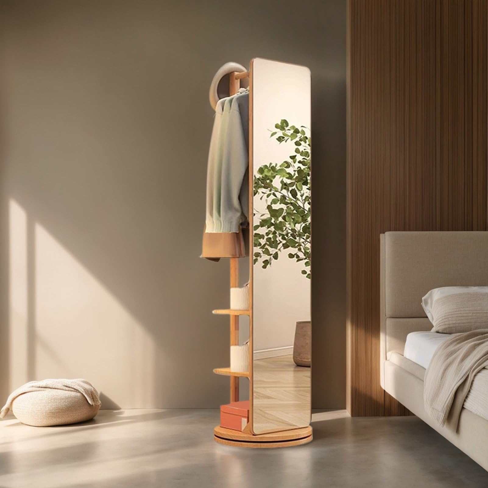 Crochets de Cintre de Miroir de Corps Entier Rotatifs, Miroir Pleine Longueur Rotatif à 360° en Bois Massif avec Portemanteau, Miroirs Debout 2 en 1 avec Porte-vêtements, pour Vestiaire de Chambre