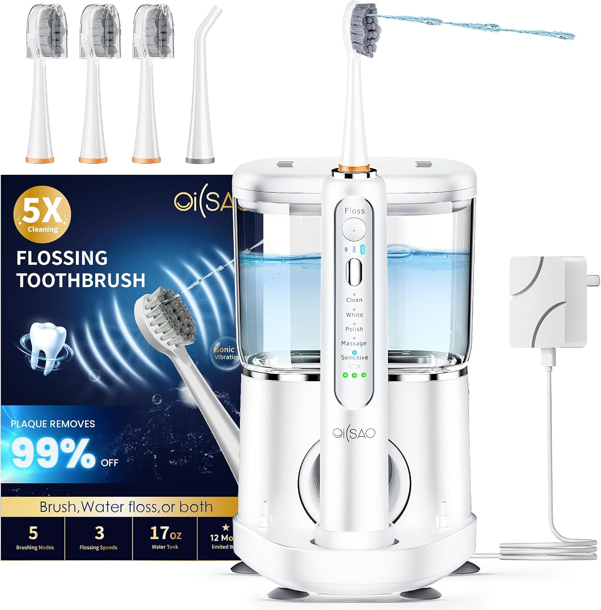 Water Flosser Electric Toothbrush Combo, 3 Brush Heads & 1 Jet Tip | Advanced 2.0 Sonic Electric Tooth,500ML Tank,For Daily Gum Care and Cleaning Teeth, Braces, Implants,Bridges