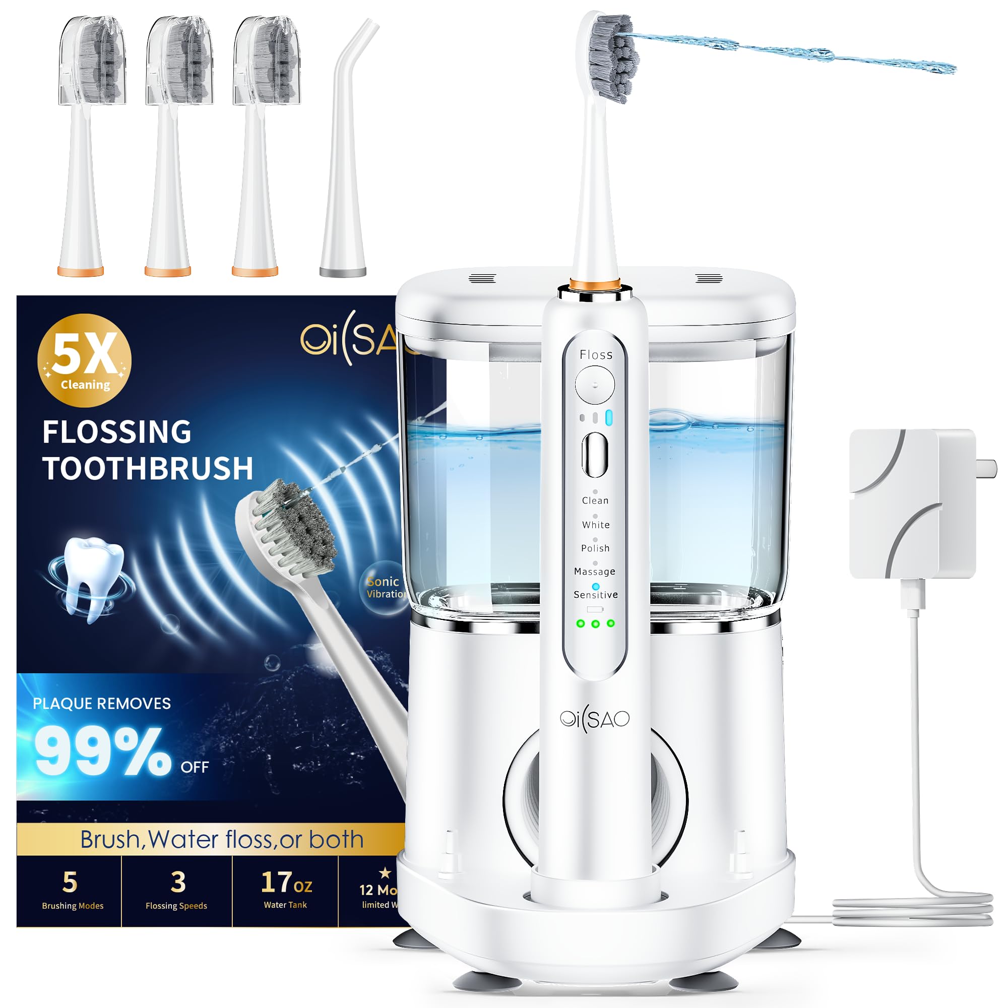 Water Flosser - Spazzolino da denti elettrico elettrico Advanced 2.0 Sonic e irrigatore orale, serbatoio da 500 ml, 3 testine e 1 punta a getto per la cura quotidiana delle gengive e la pulizia dei