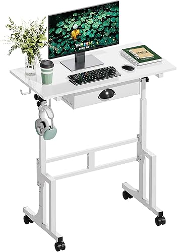 Samll - Escritorio blanco para computadora con cajones, altura ajustable, escritorio de pie para oficina en casa, con 4 ruedas y 2 ganchos, mesa de