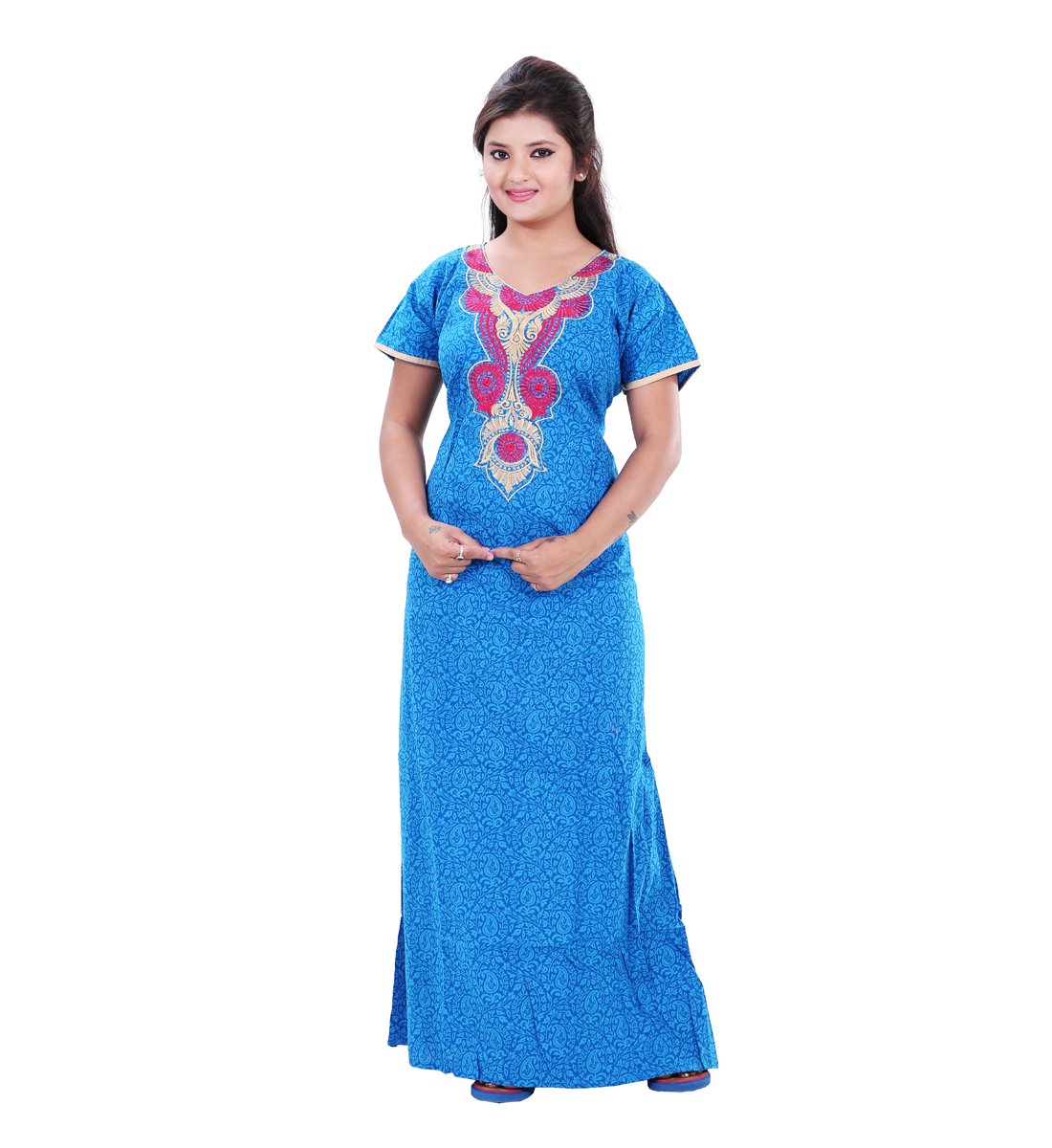 RnPEmbroidery Nighty Dress for Women V Neck Pattern (Blue, Free Size)