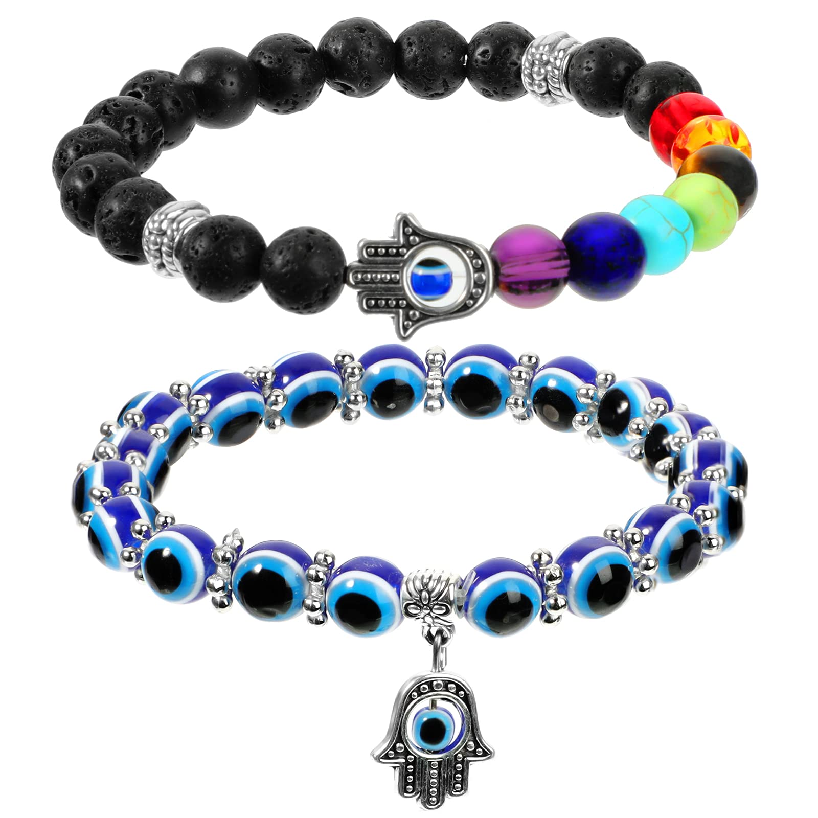 2 Pieces Evil Eye Bracelet Hand of Fatima Bracelet 7 Chakras Evil Eye Stretch Beaded Hamsa Hand Gemstone Good Luck Protection Crystals Healing Stones