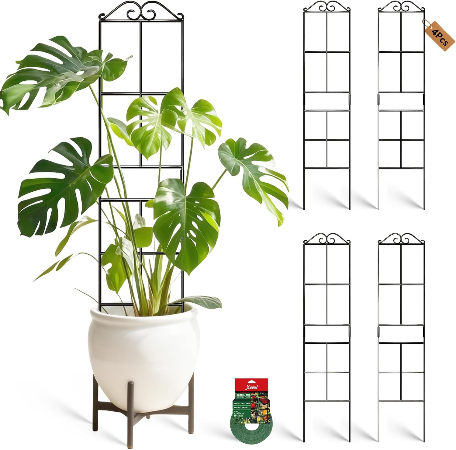 31.8'' Stackable Plant Trellis Indoor, Metal Trellis for Climbing Plants Indoor, House Plant Support with Soft Ties for Monstera Hoya Pothos, 4P