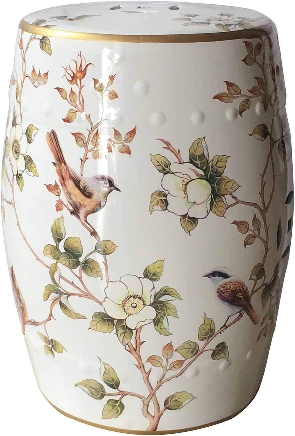 Decorative garden stools, Decorative Ceramic Garden Stool, Glazed Hand-painted Flower and Bird Shoe Changing Stool Drum Stool, Suitable for Outdoor Garden, Living Room, Terrace, Etc.(White)