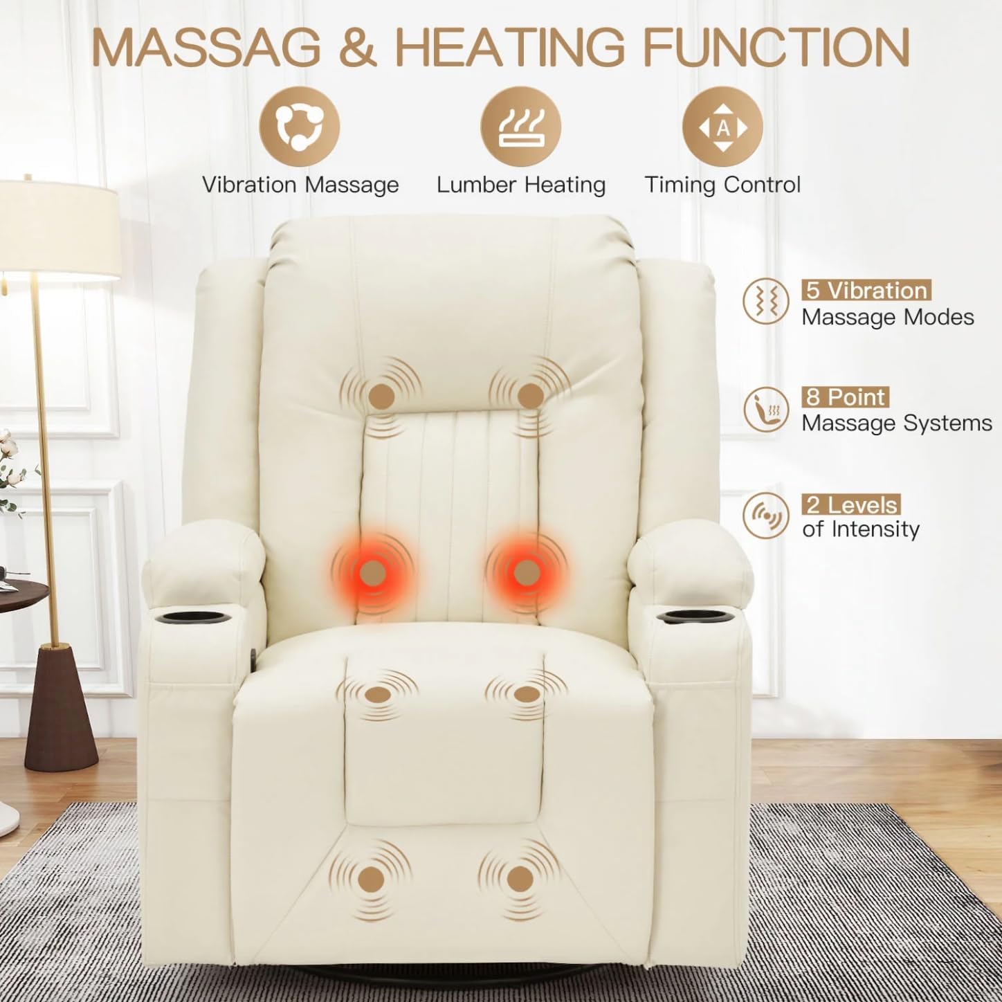 Massage Recliner Sofa Leather Vibrating Heated Chair Lounge Executive w/ Control - Cream
