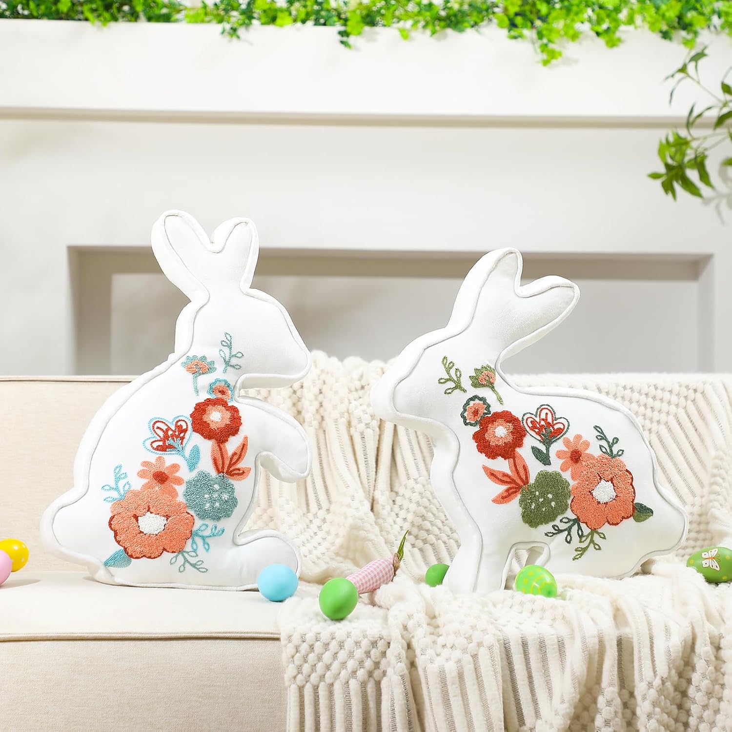 Beeveer 2 Pcs Easter Bunny Embroidered Throw Pillow 2 Size Soft Velvet Bunny Shaped Floral Embroidered Easter Rabbit Decorative Pillow Spring Office Decor for Sofa Bed Chair Living Room Couch