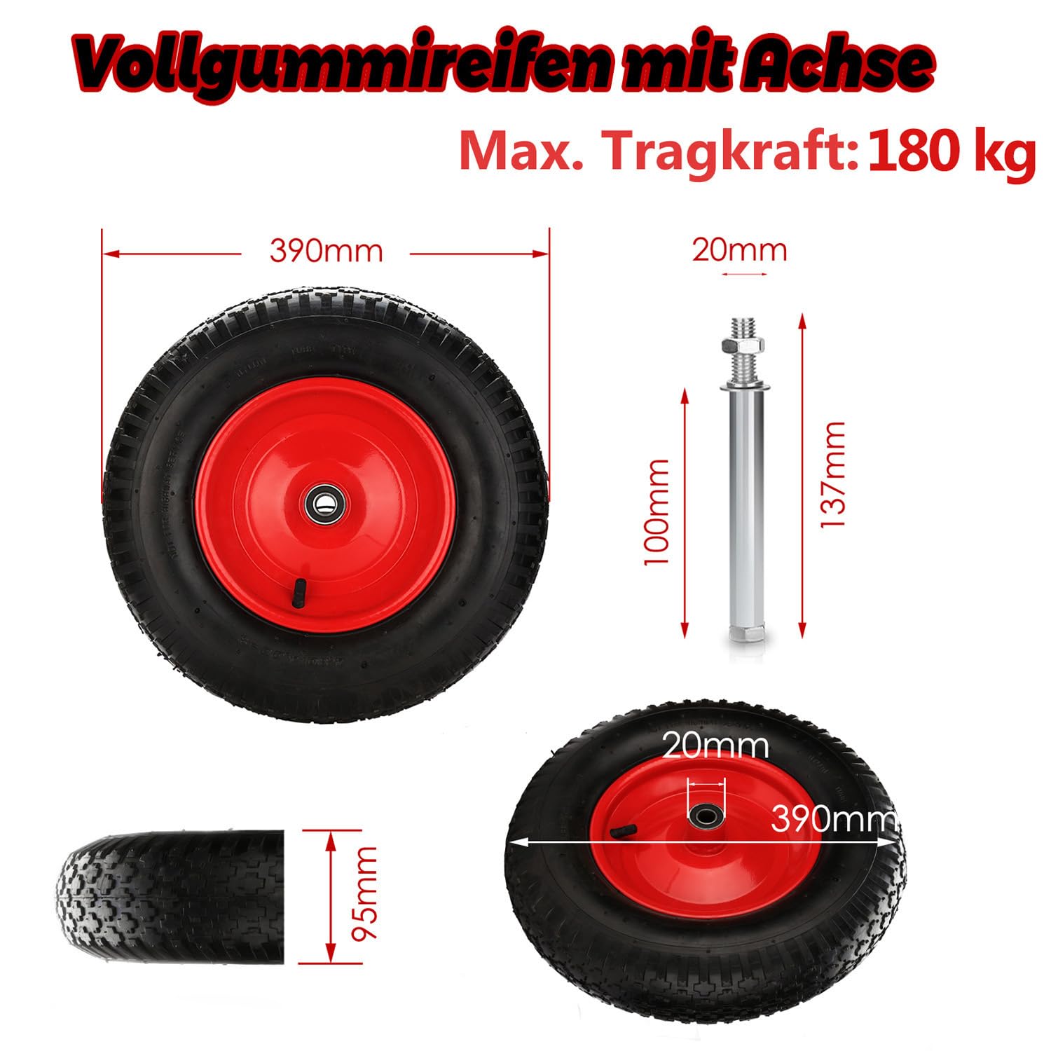 Schubkarrenrad luftbereift 4.80/4.00-8 Ø 390mm, PU Gummirad mit Achse, 200 kg Tragkraft Ersatzrad, Reifenbreite 95 mm für Schubkarre Gartenkarren, Schwarz/Rot 4pcs