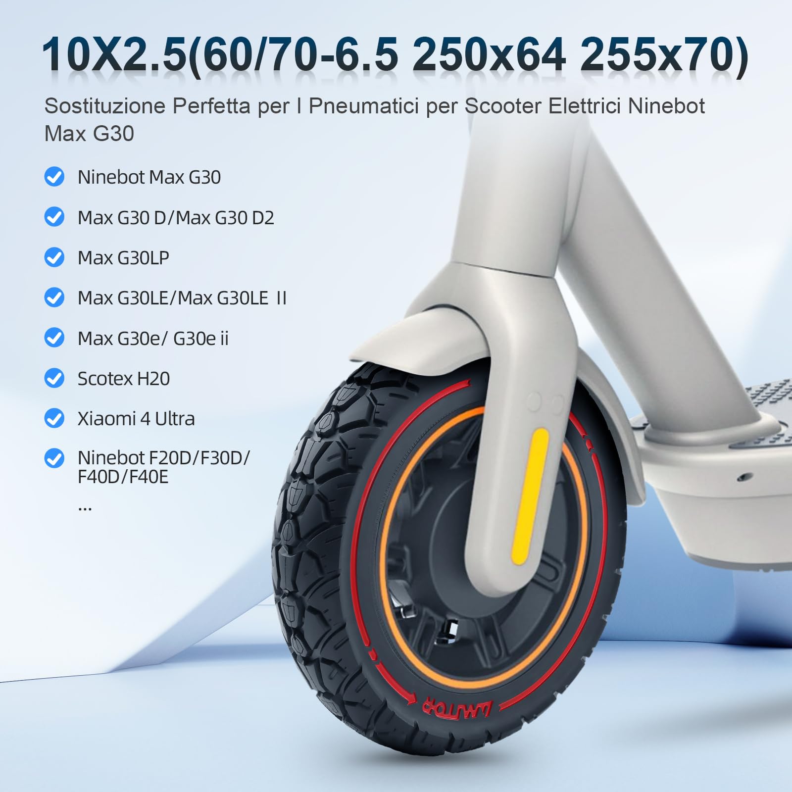 10X2,5 (250x64 60/70-6,5) Pneumatico pieno 10 pollici Ruota solida per Ninebot Max G30/Max G30D/Max G30D2/Xiaomi 4 Ultra Monopattino elettrico Ruota di ricambio Pneumatico pieno Antiscivolo A