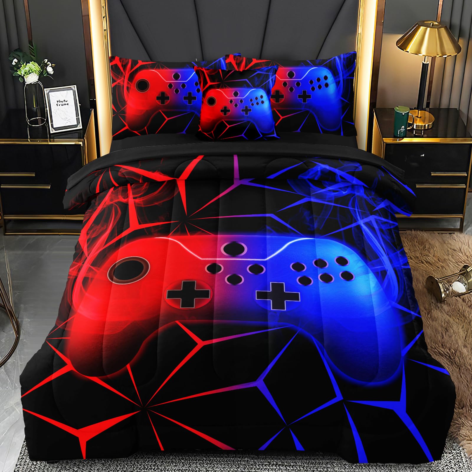 BERTSUCA 4 Pcs Gamer Full Bedding Set for Boys, Blue-red Gaming Full Size Boys Comforter Set for Teens