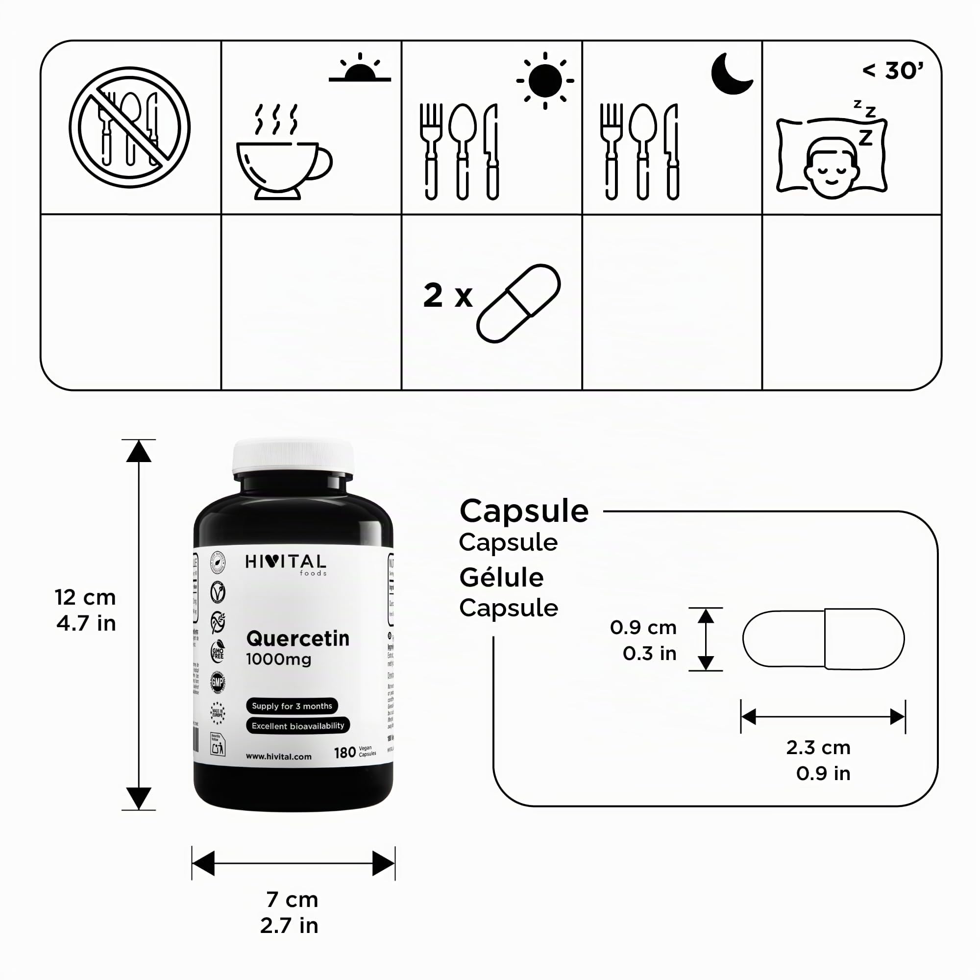 Quercétine 1000 mg. 180 gélules vegan pour 3 mois de traitement. Extrait naturel de fleurs de Saphora Japonica à 95% en Quercétine. Bioflavonoïde naturel. Fabriqué en Europe par HIVITAL