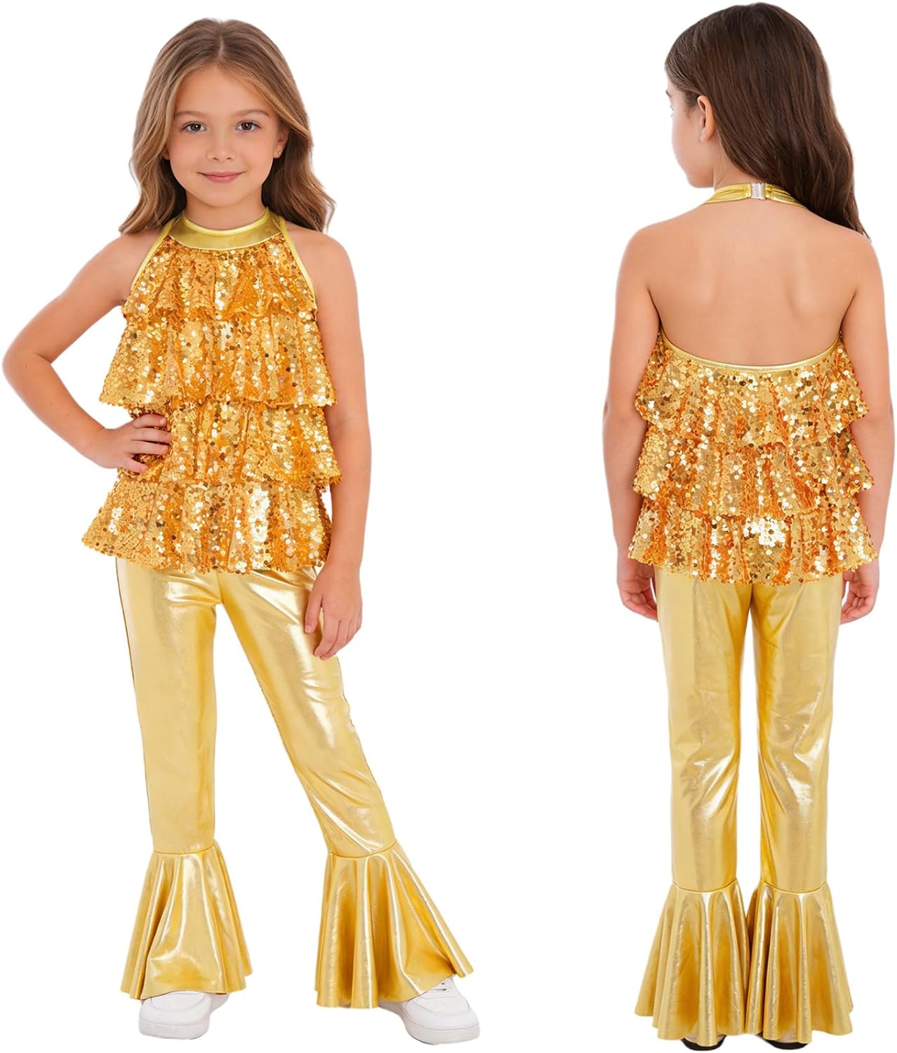 JEYPINMI Big Girls Sequin Jazz Dance Party Jumpsuit Performance Leotard Bell-Bottom Bodysuit Sparkling Dancing Gowns