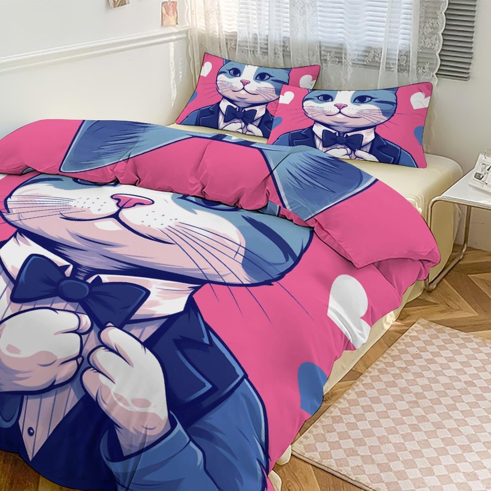 Housse de couette grand lit motif chat avec 2 taies d'oreiller ultra douce