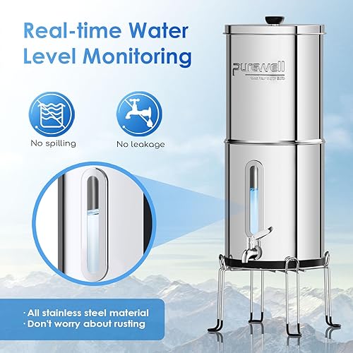 Miniatura 5 de Purewell Sistema de filtro de agua por gravedad de 2.25 G con ventana de nivel de agua, sistema de encimera de acero inoxidable de ultrafiltración