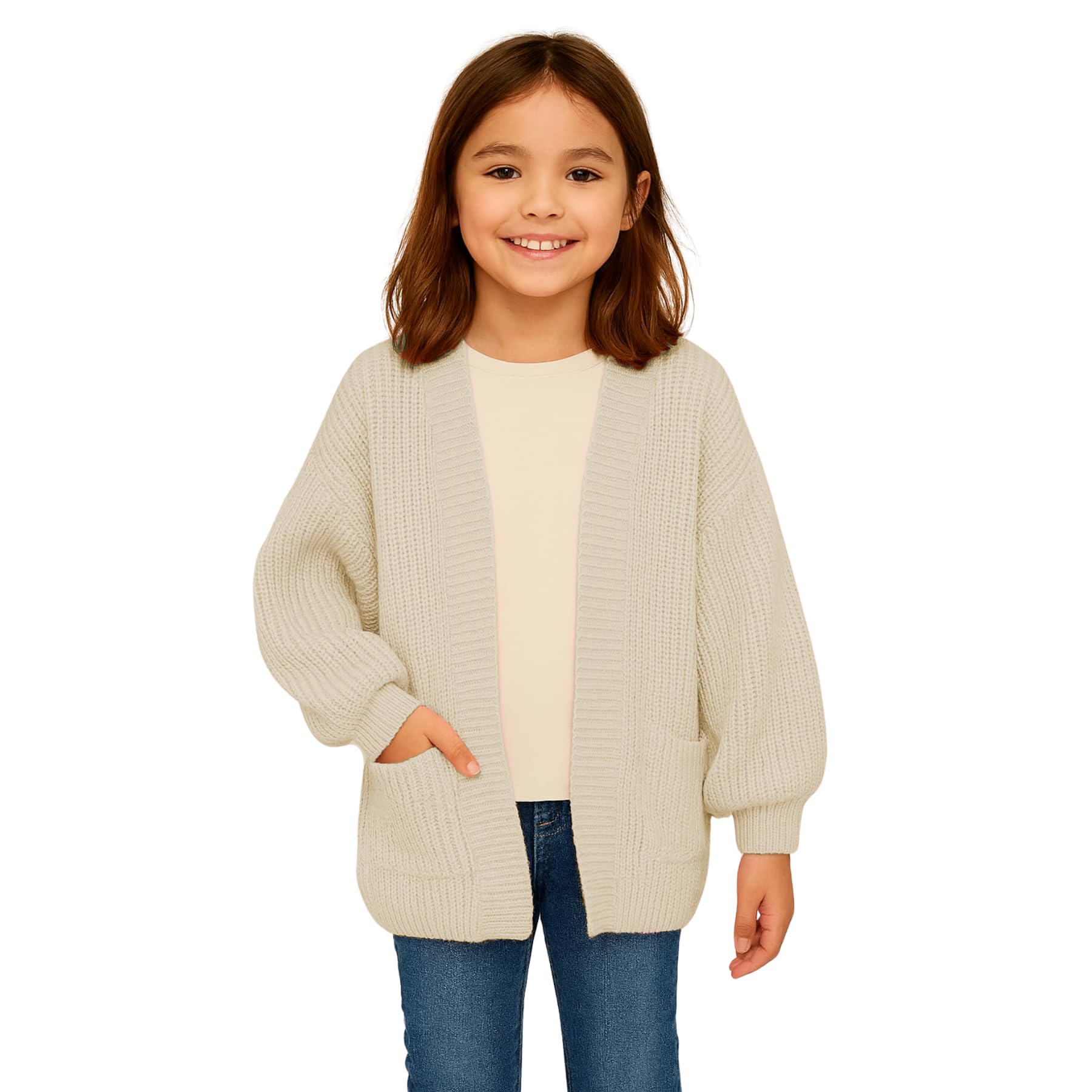 Hamishkane® Girls Open Front Balloon Sleeve Cardigan, Chunky Knitted Oversized Cardigan with Pockets, Warm Winter Fall Cardigans, Girls Age 7-13 Years Stone