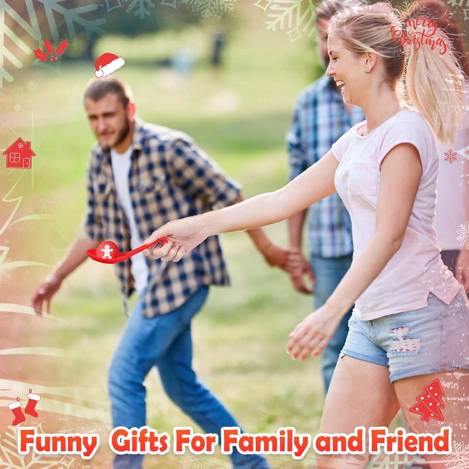 JellyArch 48 Pack Christmas Game for Family Party Spoon Relay Race Set Christmas Tree Santa Snowman Reindeer Ball and Spoon Race Game for Indoor Outdoor Holiday Party Favor(Gingerbread ,Bell)