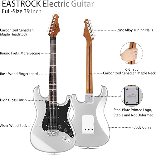 Miniatura 3 de EASTROCK Kit de guitarra eléctrica de tamaño completo de 39 pulgadas para bolsa Starte para principiantes, cejilla, correa para el hombro, cuerda,