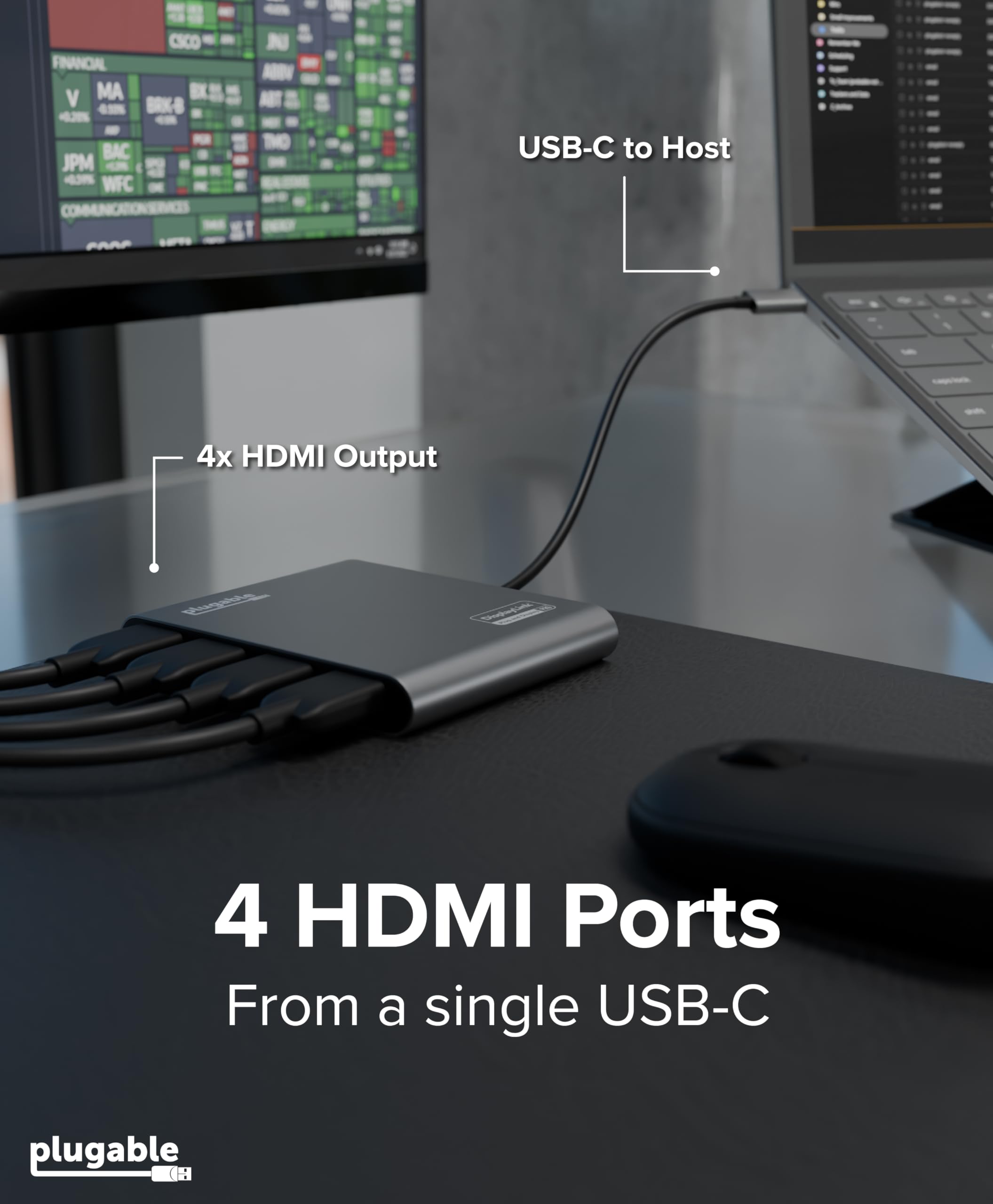 Plugable USB C to Quad HDMI 4K Adapter with 100W PD Pass-Though
