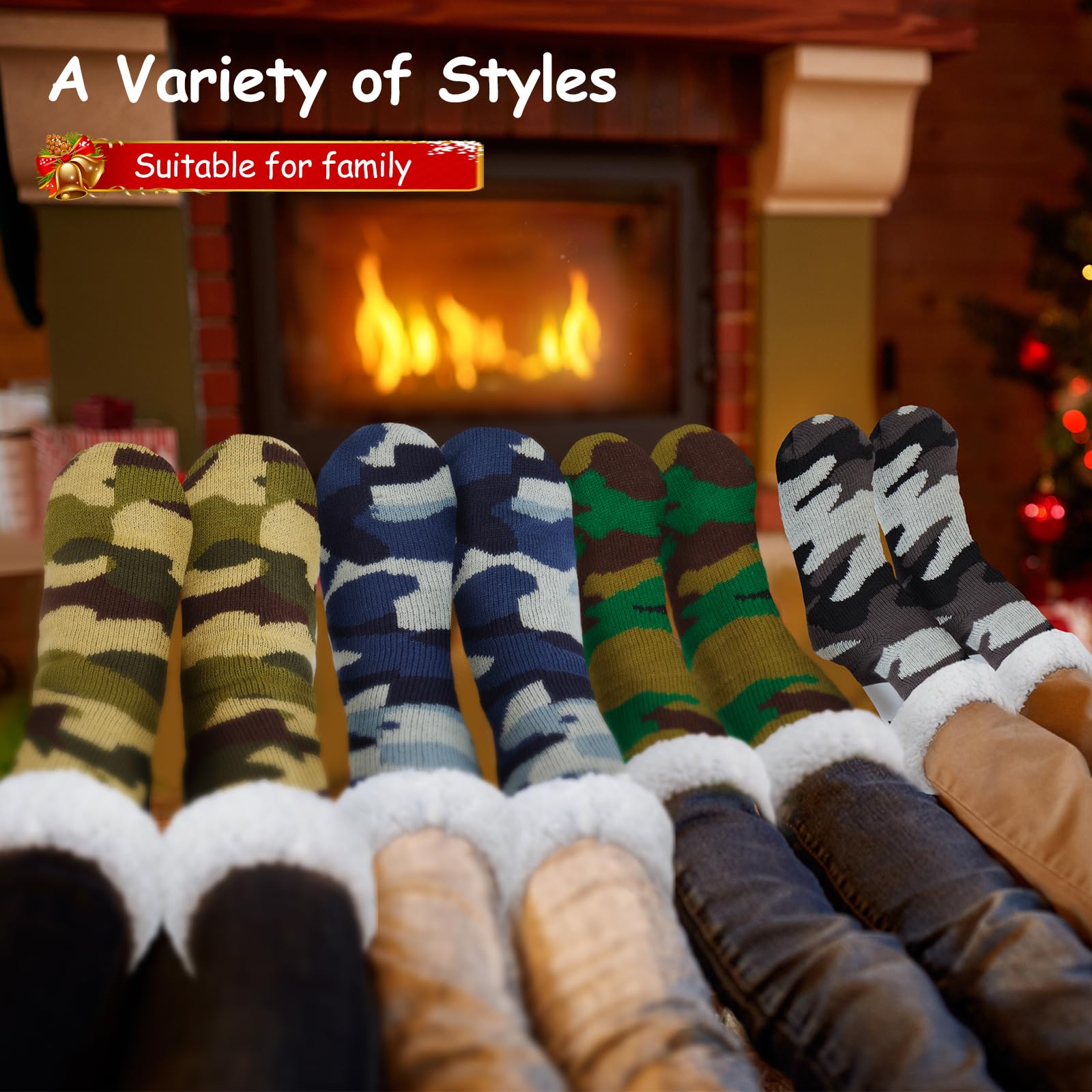 Berlune 4 Paar flauschige Herren-Socken mit Greifern, für den Winter, rutschfest, warm, mit Fleece gefüttert, dick, gemütlich, Camouflage-Socken für Herren, Zubehör, Geschenke für Weihnachten