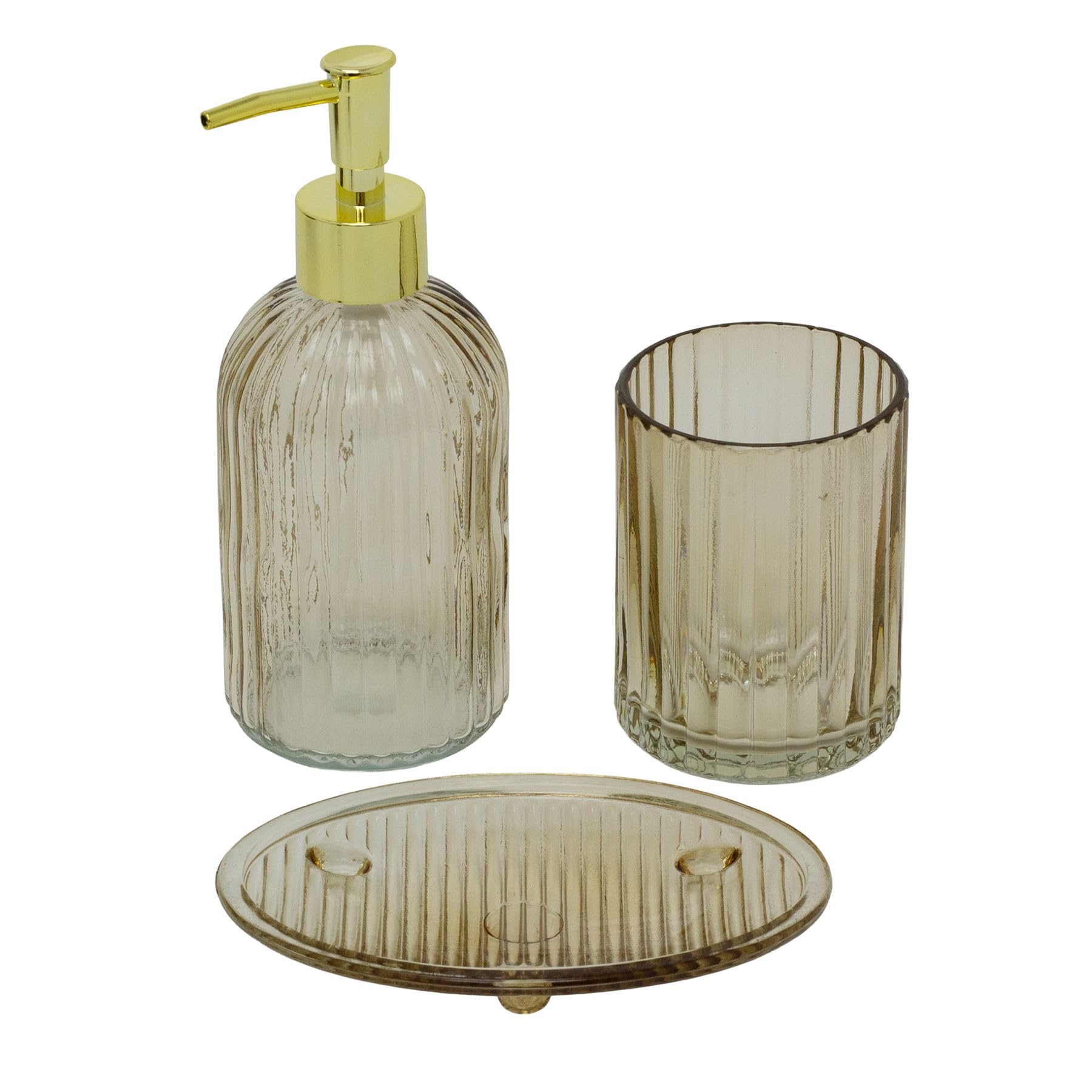 Brown Ribbed Glass Bathroom Accessories Set, 3 Piece Soap Dispenser, Tumbler and Soap Dish Modern Vanity Set