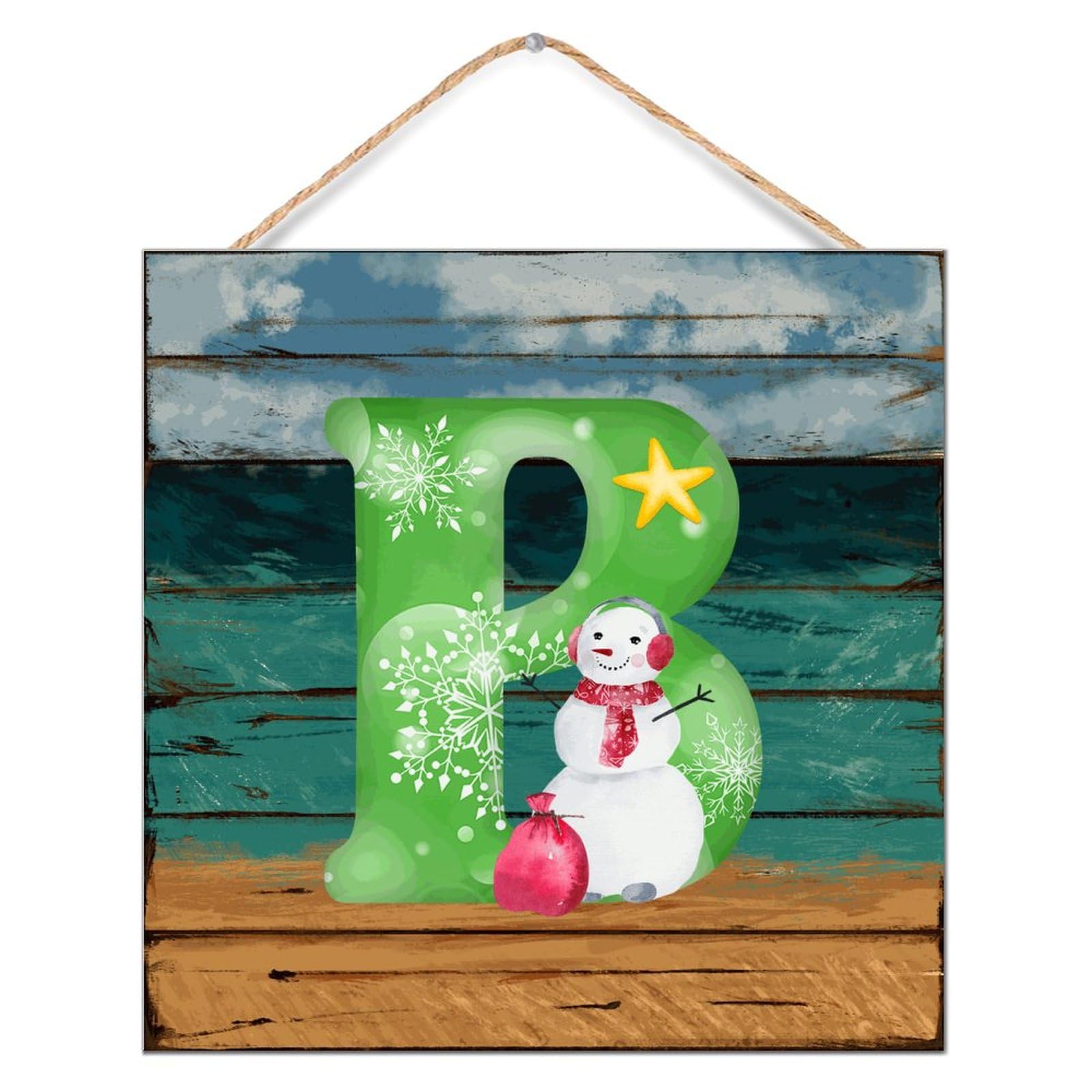 Panneau en bois CustonCares alphabet B et bonhomme de neige vert pour décoration de buanderie