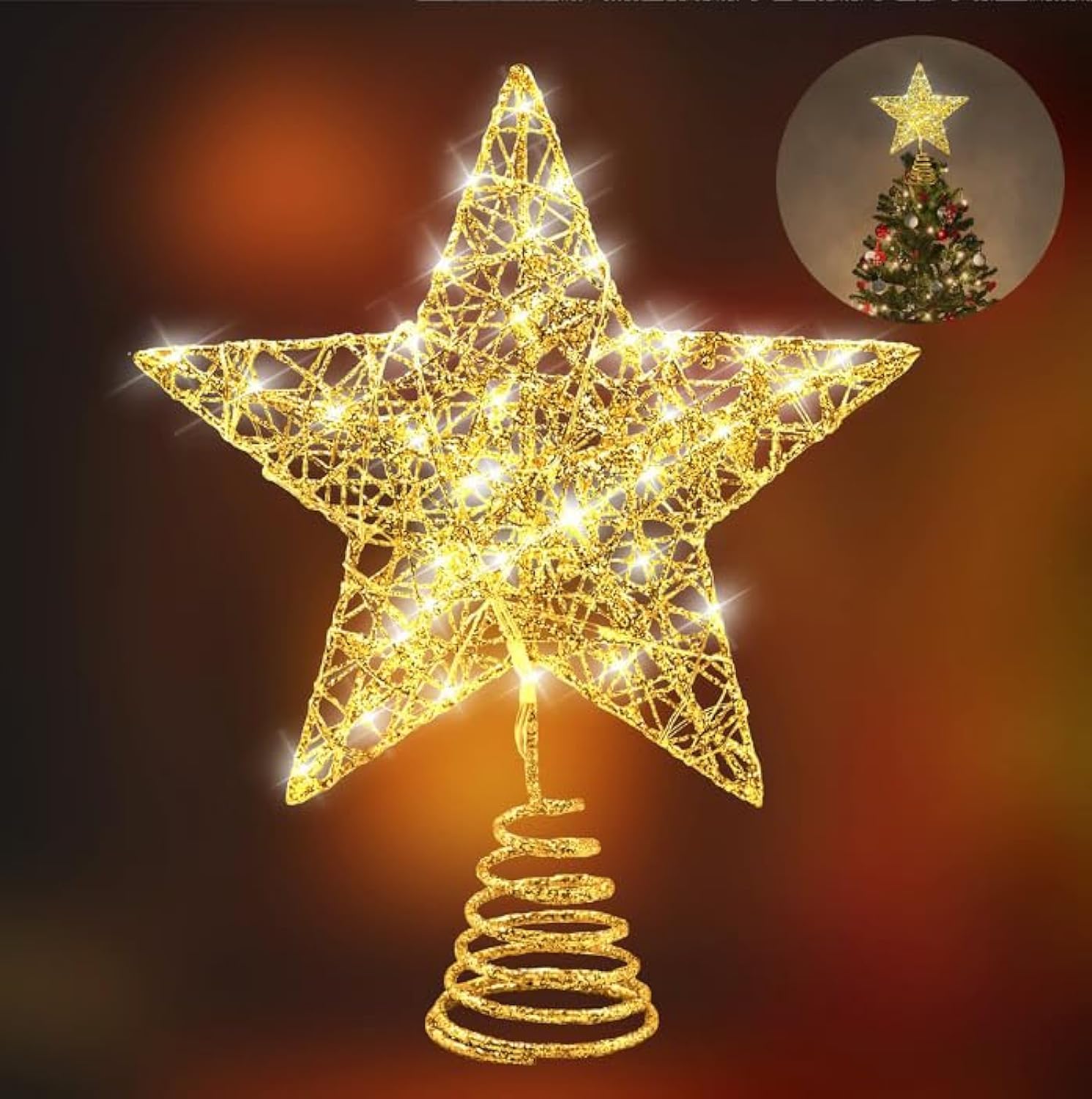 Coolchic Christmas Tree Topper Golden, 20 LED Lights Star Treetop Christmas Two Modes-Solid and Blinking Decorations with Battery Operated for 3-10 Feet Christmas Tree (Style A)