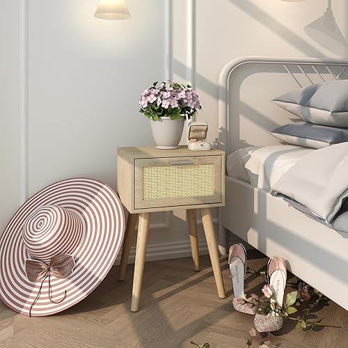 Miniatura 35 de LAATOOREE Mesita de noche, juego de 2 unidades, mesa auxiliar pequeña con puerta de ratán, estilo bohemio para dormitorio, sala de estar, color