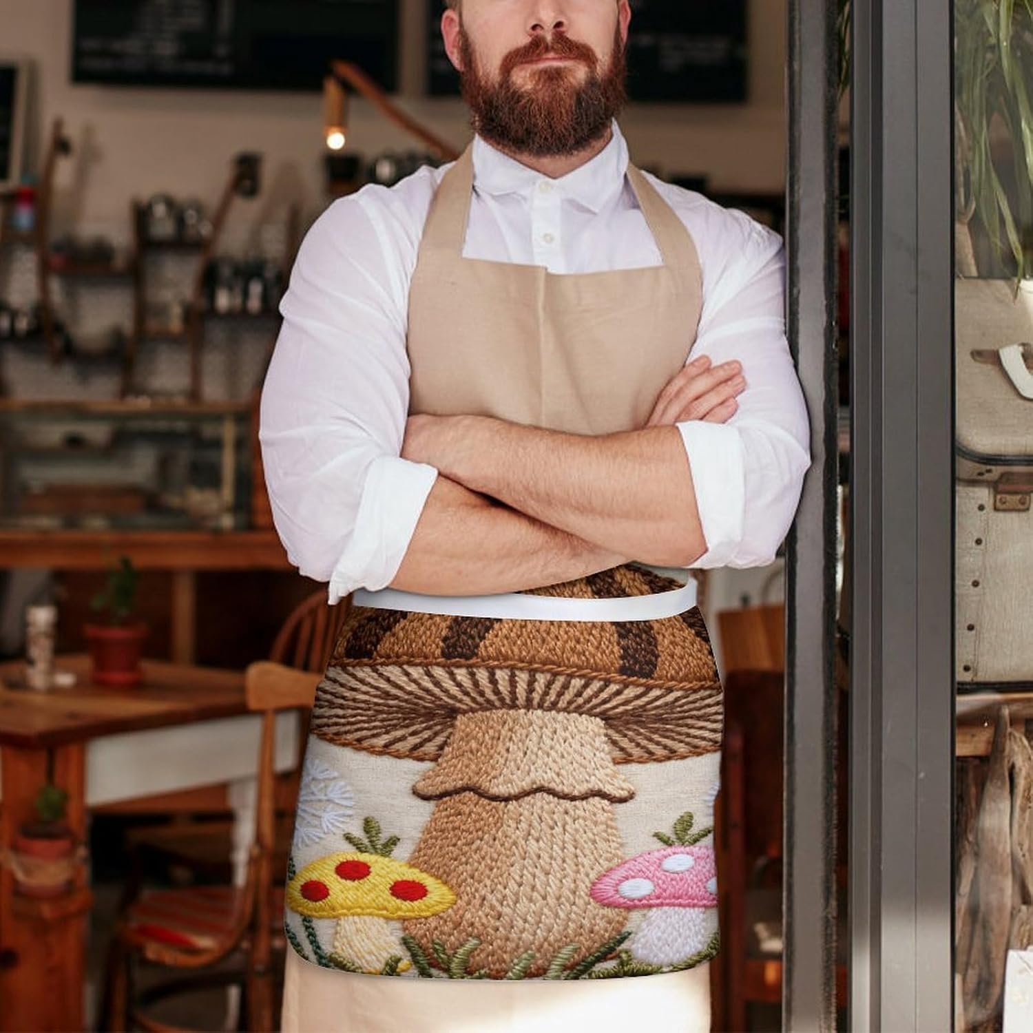 Beautiful Mushroom Embroidery Apron Waterproof Chef Works Half Bistro Server Apron Adjustable Waist Half Apron With Pockets for Men Women Soft Cooking Apron
