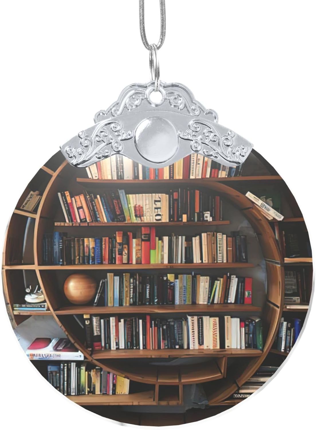Funny Book Shelves Collection and Ladder Print Clear Glass Round Pendant with Chain,Indoor Use Decorative Pendant,Creative Decoration