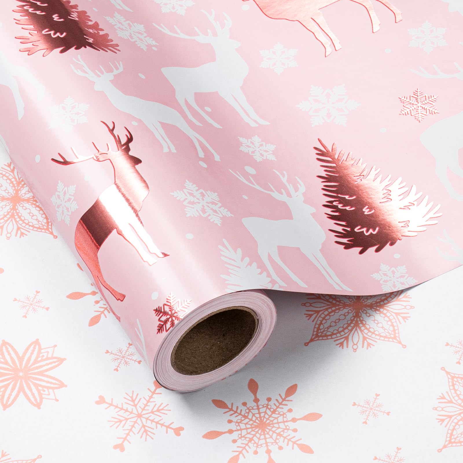 LeZakaa Christmas Pink Wrapping Paper Mini Roll, Reindeer & Snowflake, Metallic Foil, Rose Gold Foil Reversible Design for Festive Winter Holiday, Family Gathering, 17 inches x 32.8 Feet — image 1