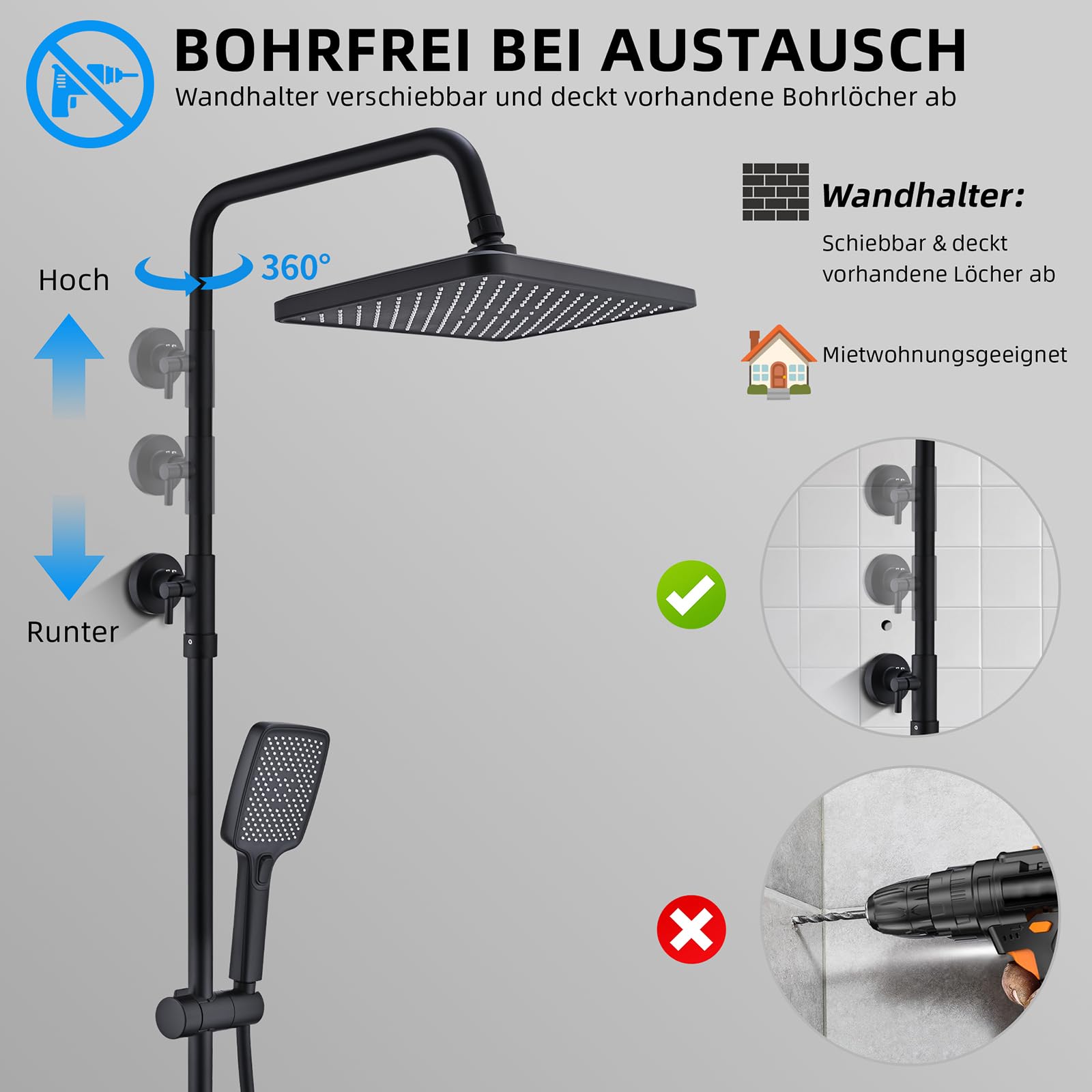 HOMELODY Duschsystem mit Thermostat Schwarz 30 cm Regendusche | 3 Strahlarten Handbrause, Duscharmatur Edelstahl Regendusche mit Armatur, Duscharmatur Komplettset, Duschset