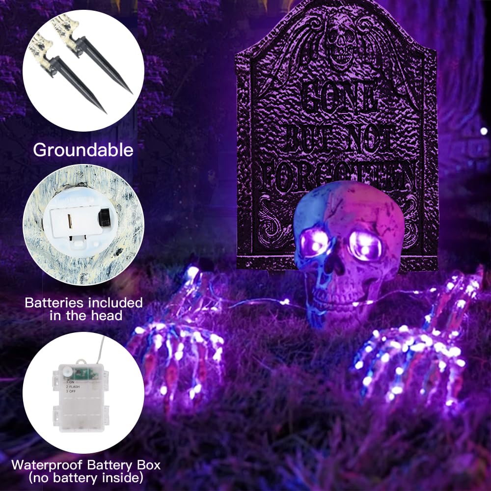 Halloween-Skelett-Set Mit Leuchtendem Totenkopf & 2 Händen – LED-Lichter, Gruselig Realistisch Für Garten-Deko