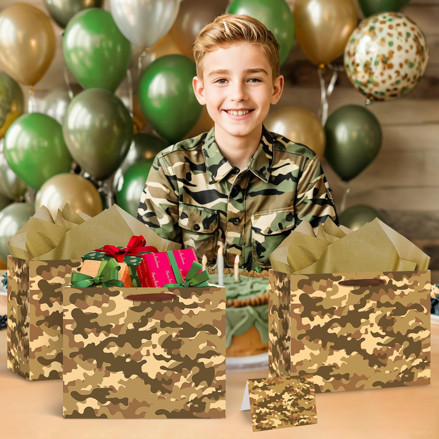 Camouflage Birthday Gift Bags Brown Camo Gift Bag with Wrapping Paper and Card Large Camouflage Wrapping Paper Bag with Handle Army Party Supplies for Boys Girls Veterans Baby Shower Birthday