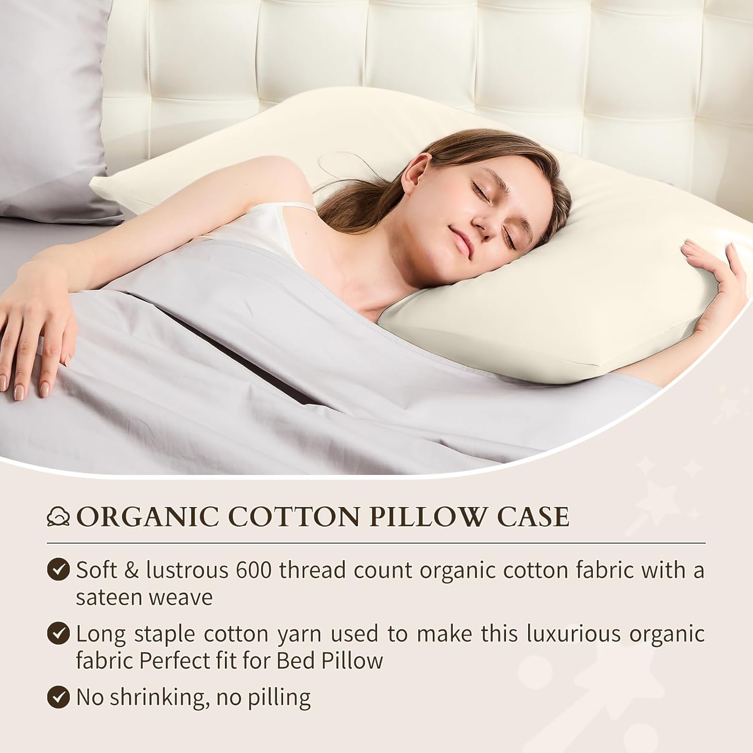 Warmstar 100% Organic Cotton Pillow Cases Set of 2, Pillow Cases King Size Satin Weave Soft Hypoallergenic GOTS Certified Pillowcases Breathable Envelope Pillowcass,20x36 Inches,Ivory White