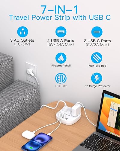 Miniatura 6 de Regleta de alimentación de escritorio con 3 tomacorrientes, 4 puertos USB de 4.5 A, enchufe plano y cables de extensión trenzados de 10 pies de
