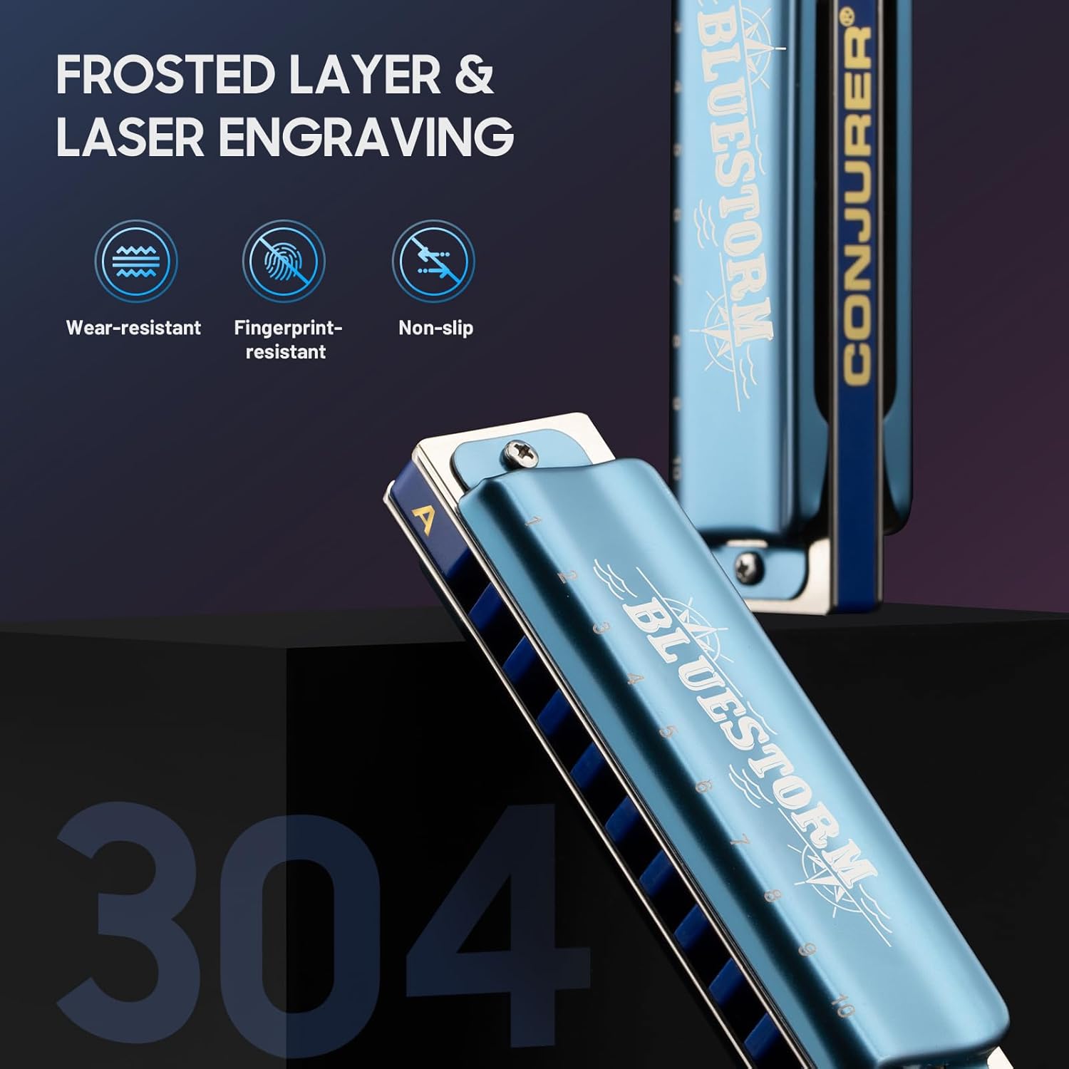 CONJURER Blues Harmonica for Beginners Adult 10 Hole Diatonic Harmonica in A Key Phosphor Bronze Reeds Brass Deluxe Mouth Organ with Case, Key of A Blue