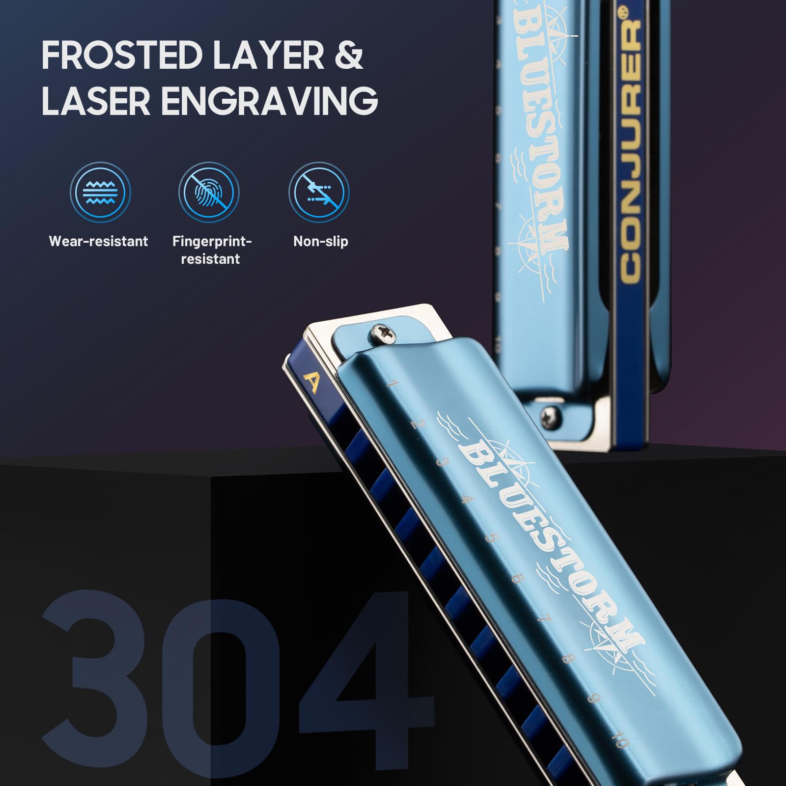 CONJURER Blues Mundharmonika für Anfänger A Dur Blues Harp 10-Loch Diatonische Harmonika Instrument Muntamonika mit hochwertigen Phosphorbronze Stimmzungen, A-Dur Blues Storm Blau